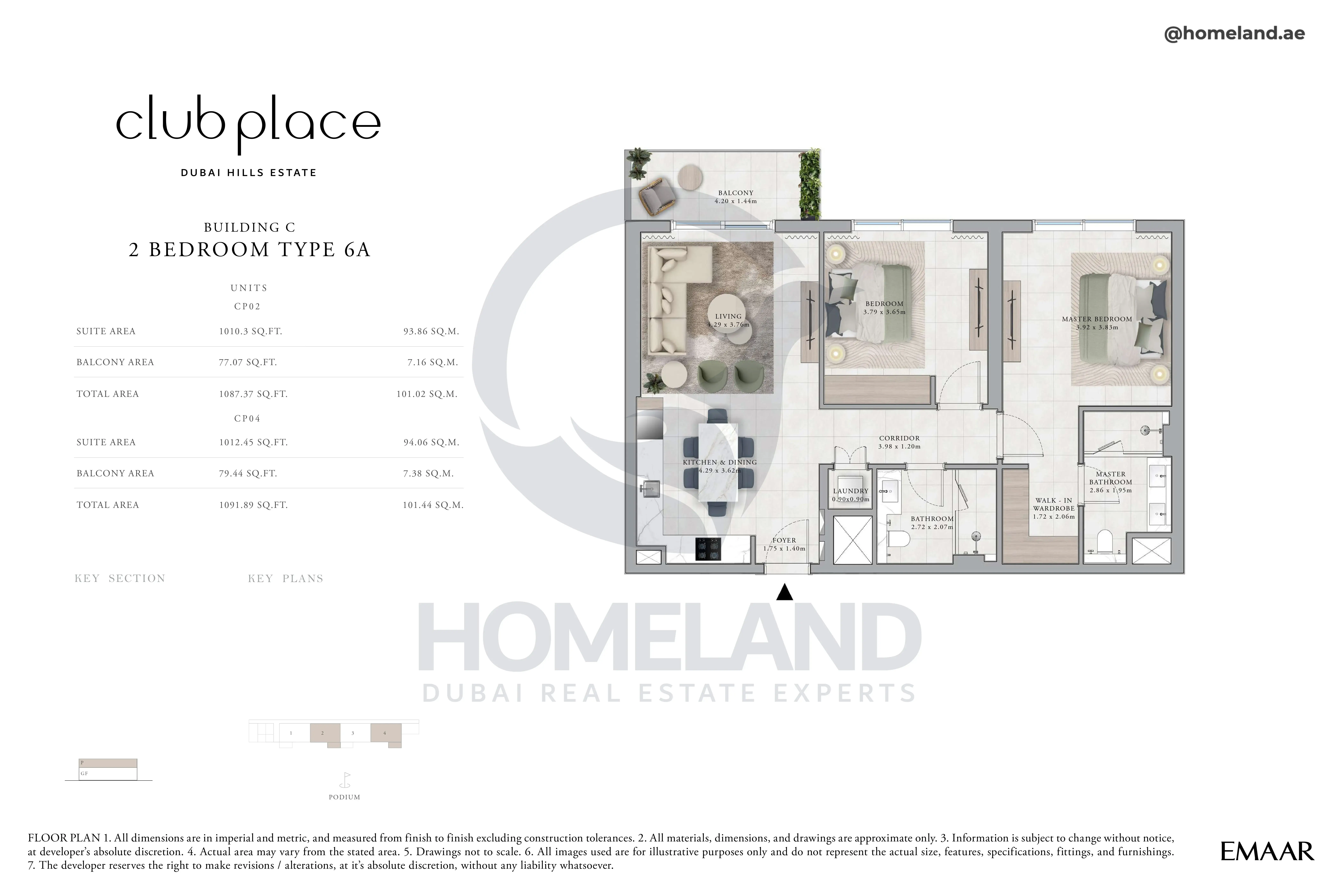 Club Place, Building C, 2BR, Type 6A, Unit CP02-CP04, Level Podium, 1091 SQFT