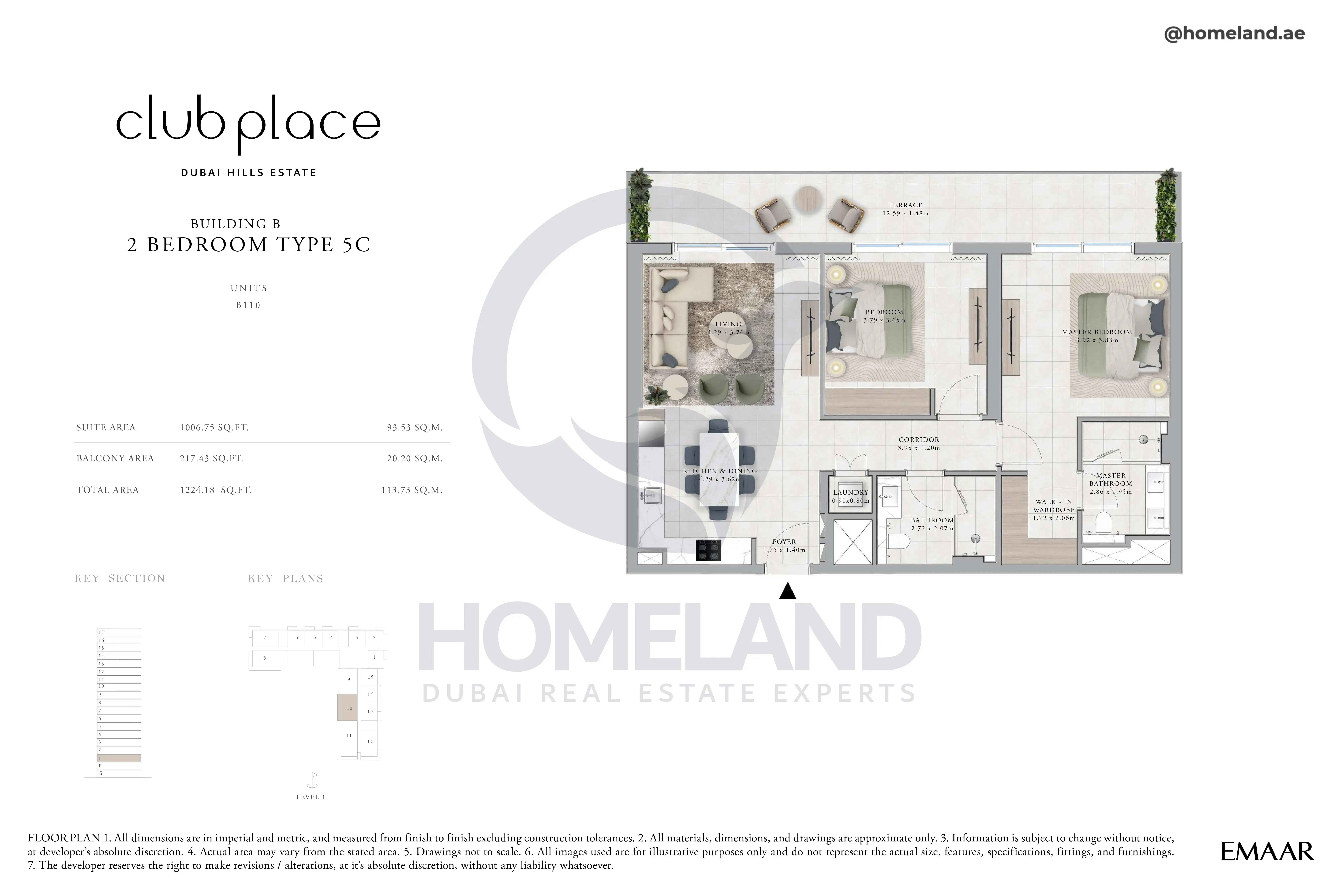 Club Place, Building B, 2BR, Type 5C, Unit B110, Level 1, 1224 SQFT