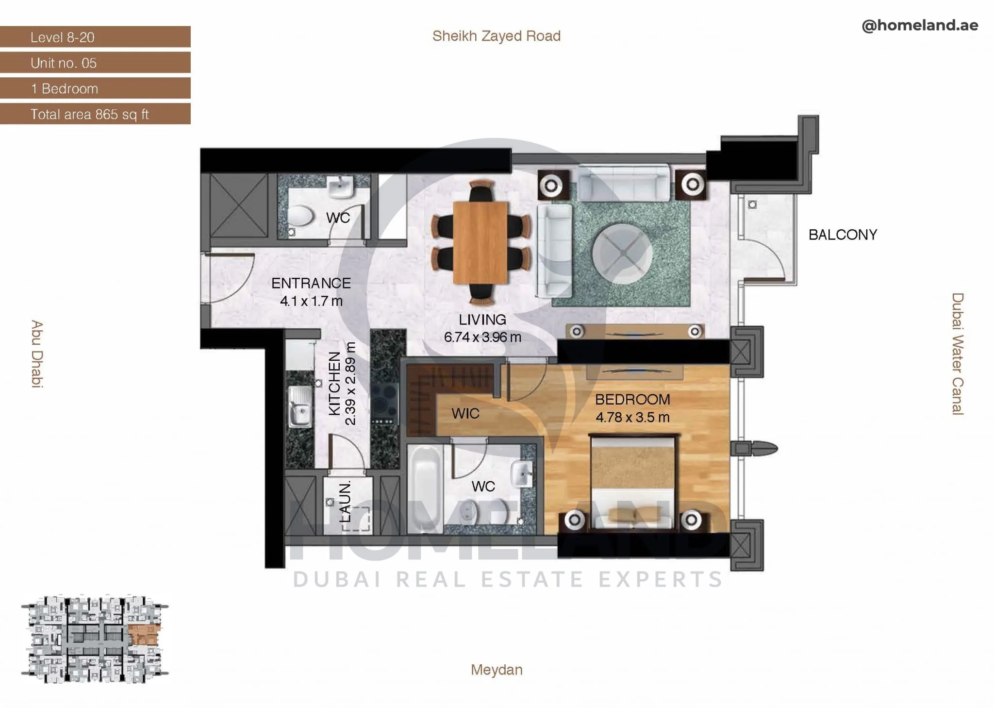 Amna Tower, 1BR, Level 8-20, Unit 05, 865 SQFT