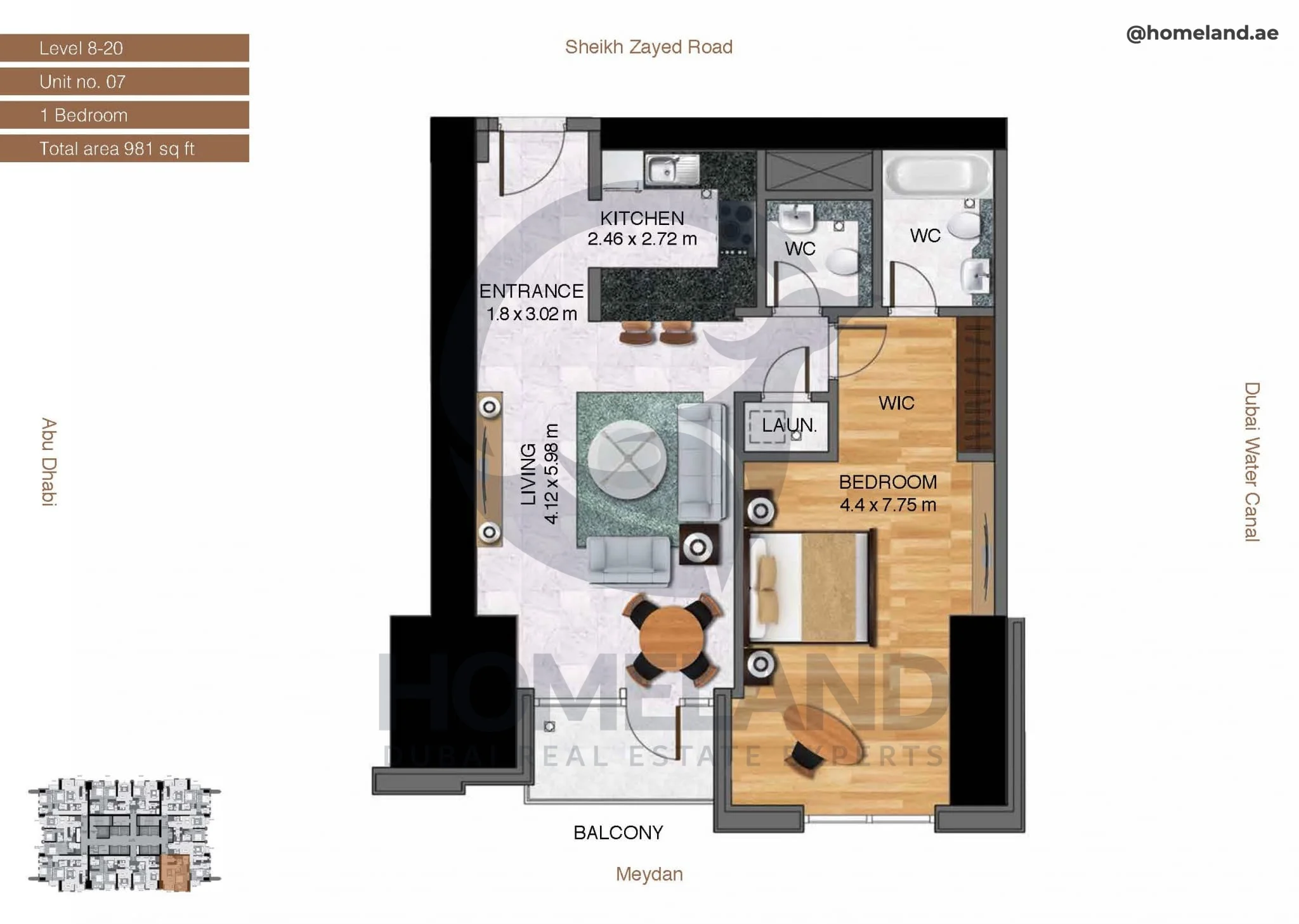 Amna Tower, 1BR, Level 8-20, Unit 07, 981 SQFT