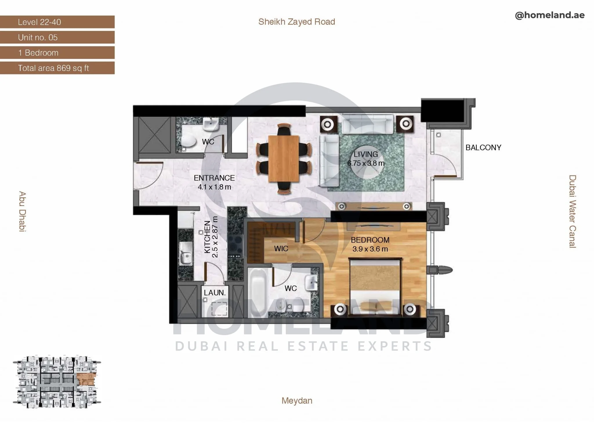 Amna Tower, 1BR, Level 22-40, Unit 05, 869 SQFT