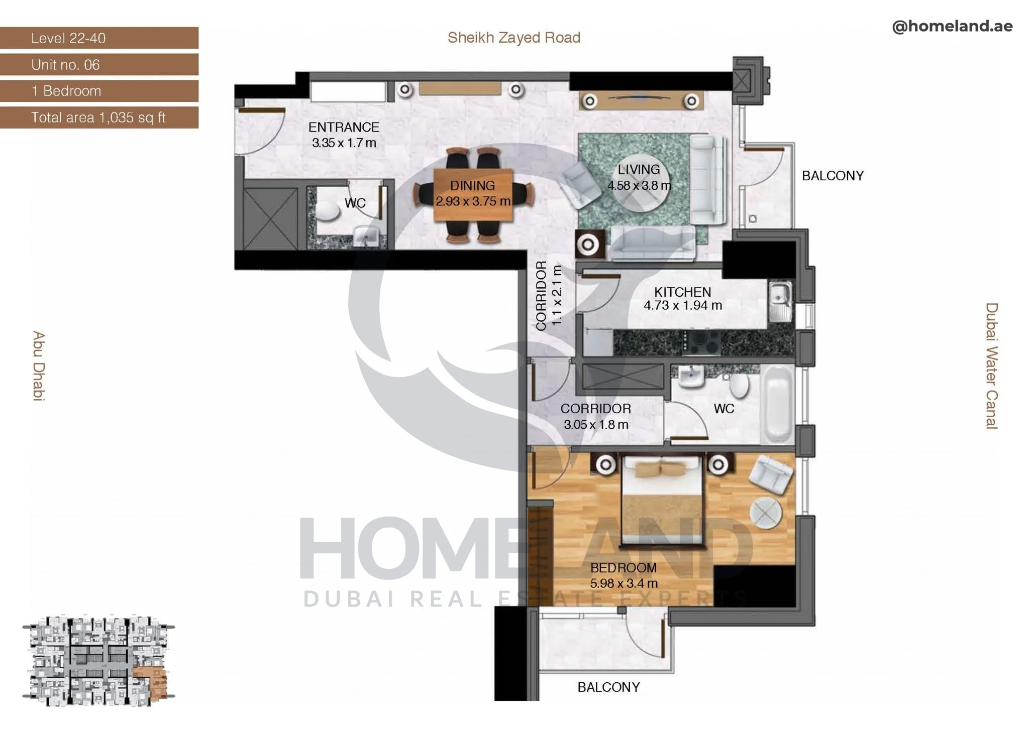 Amna Tower, 1BR, Level 22-40, Unit 06, 1035 SQFT