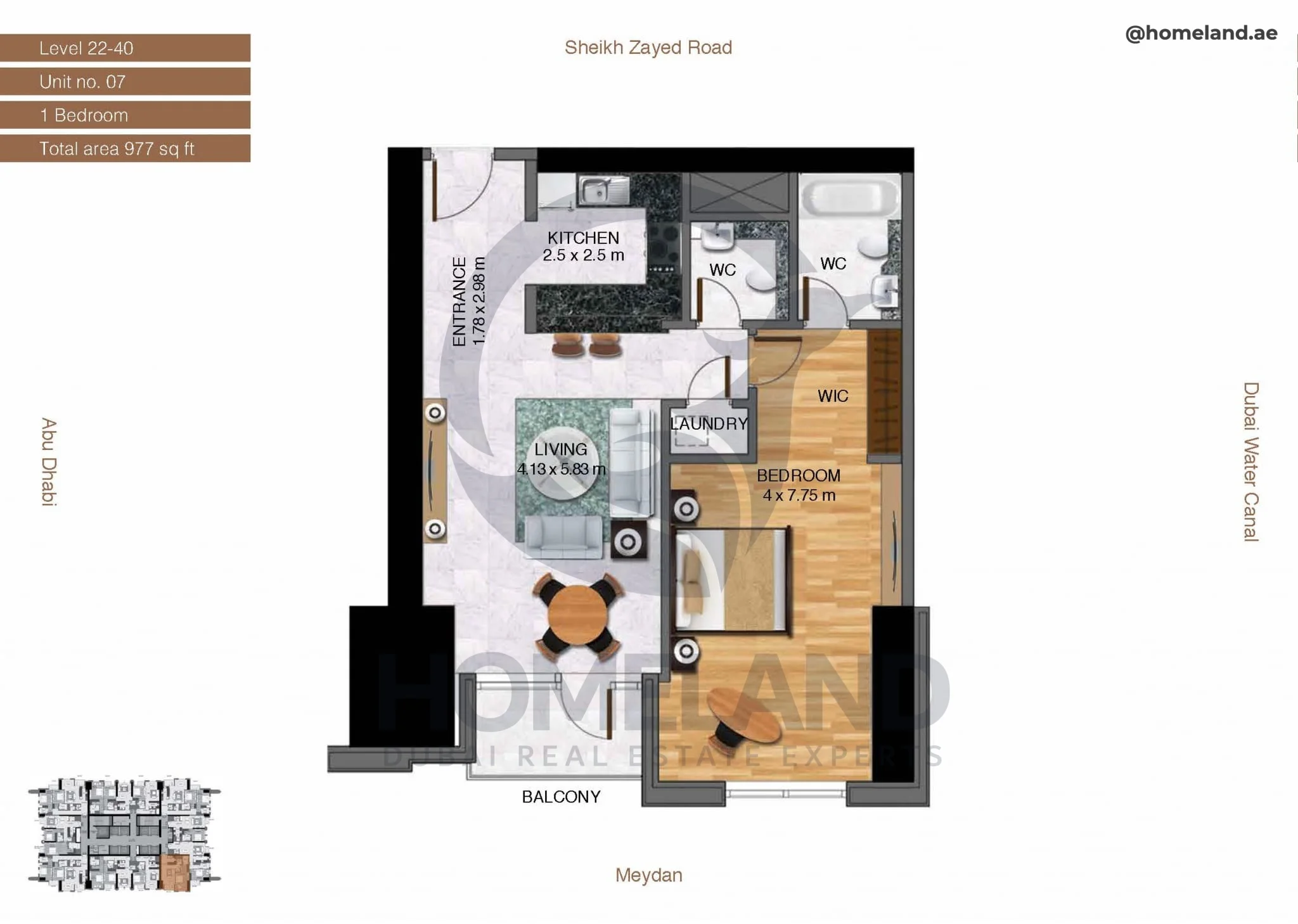 Amna Tower, 1BR, Level 22-40, Unit 07, 977 SQFT