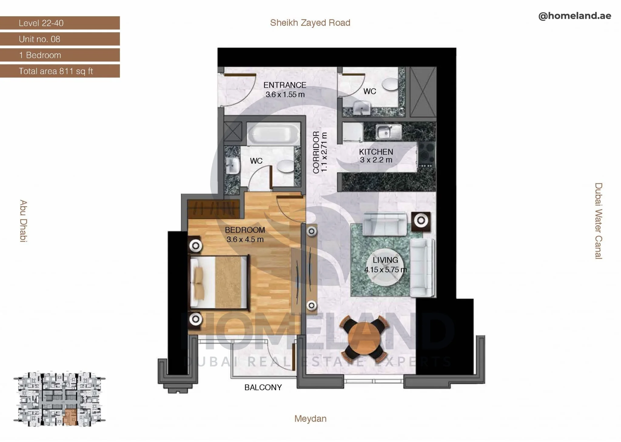 Amna Tower, 1BR, Level 22-40, Unit 08, 811 SQFT