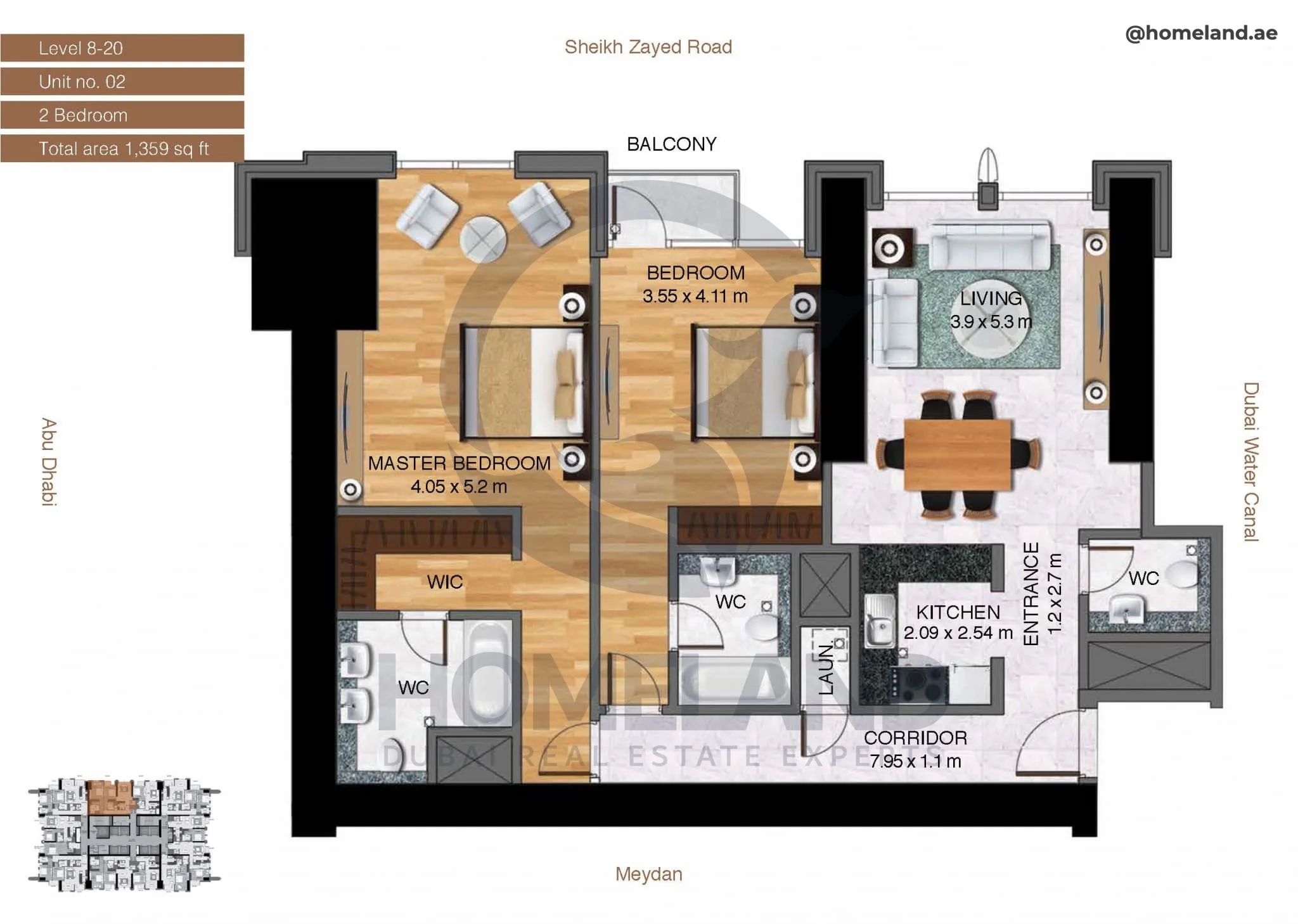 Amna Tower, 2BR, Level 8-20, Unit 02, 1359 SQFT