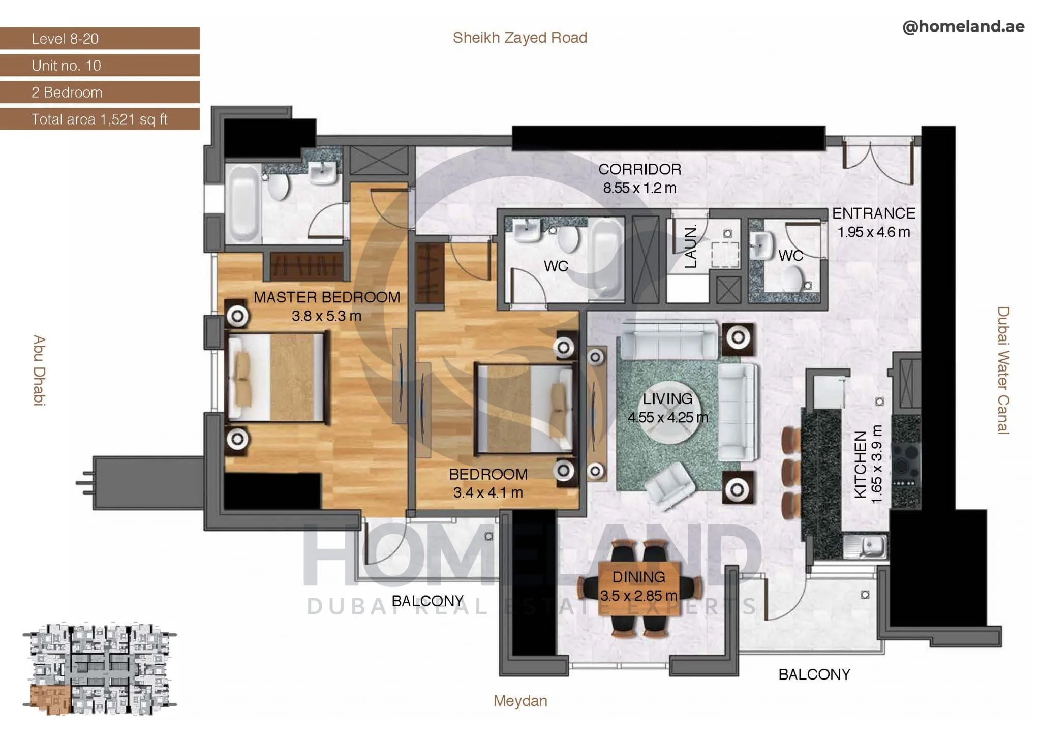 Amna Tower, 2BR, Level 8-20, Unit 10, 1521 SQFT