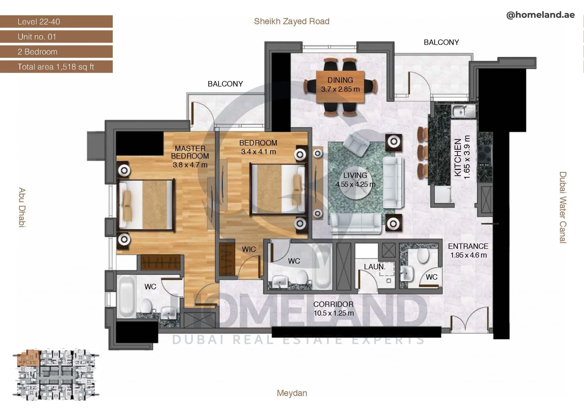 Amna Tower, 2BR, Level 22-40, Unit 01, 1518 SQFT