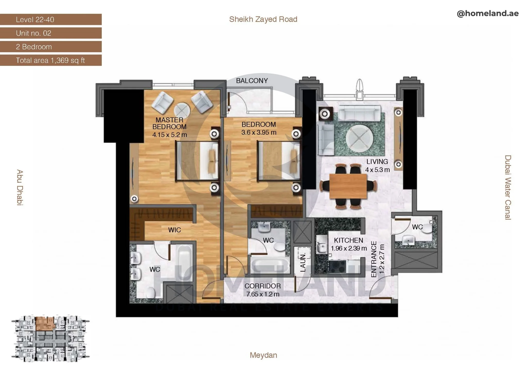 Amna Tower, 2BR, Level 22-40, Unit 02, 1369 SQFT