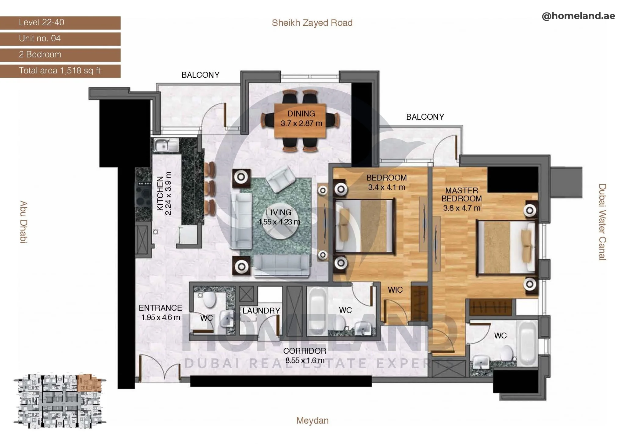 Amna Tower, 2BR, Level 22-40, Unit 04, 1518 SQFT