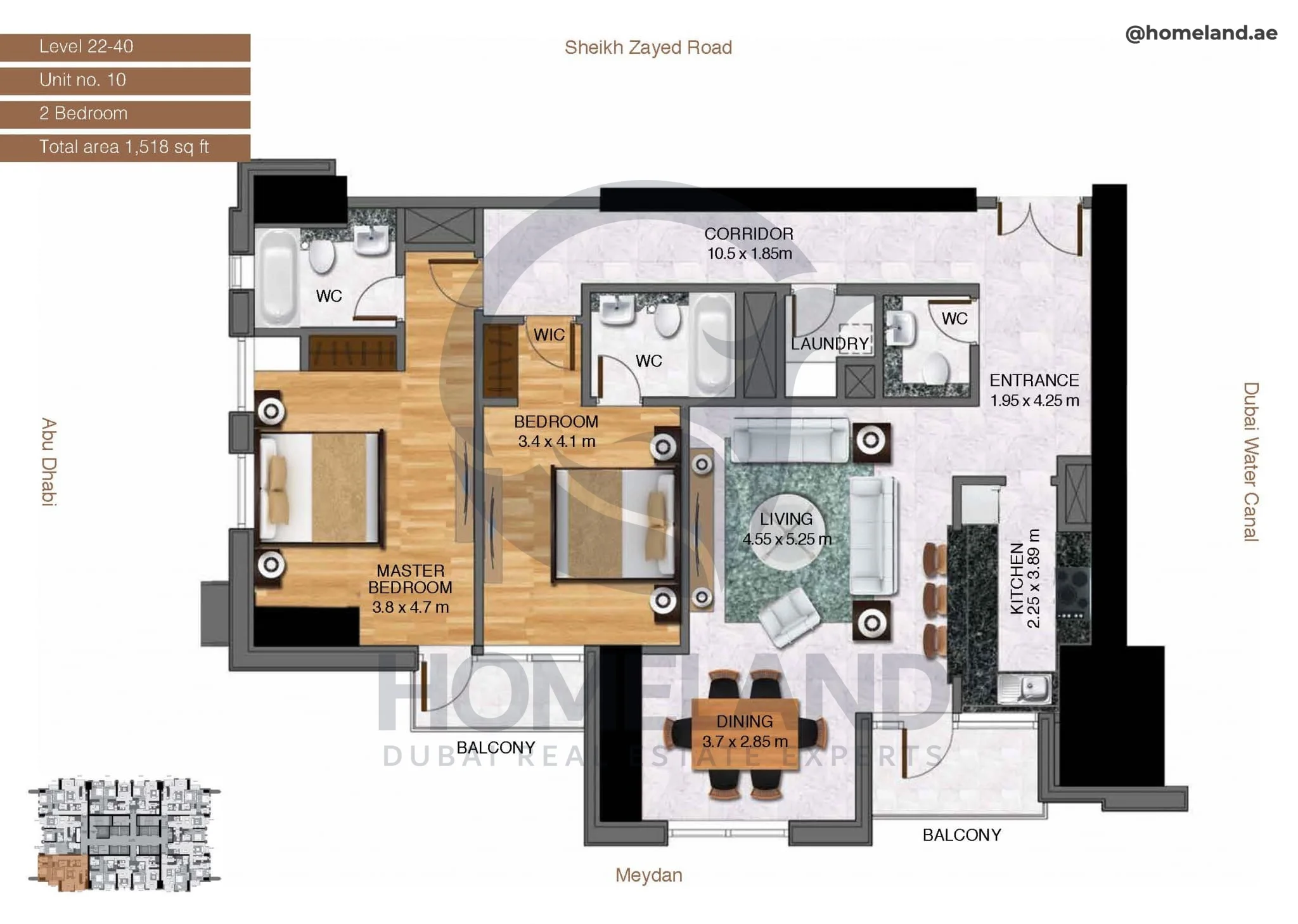 Amna Tower, 2BR, Level 22-40, Unit 10, 1518 SQFT
