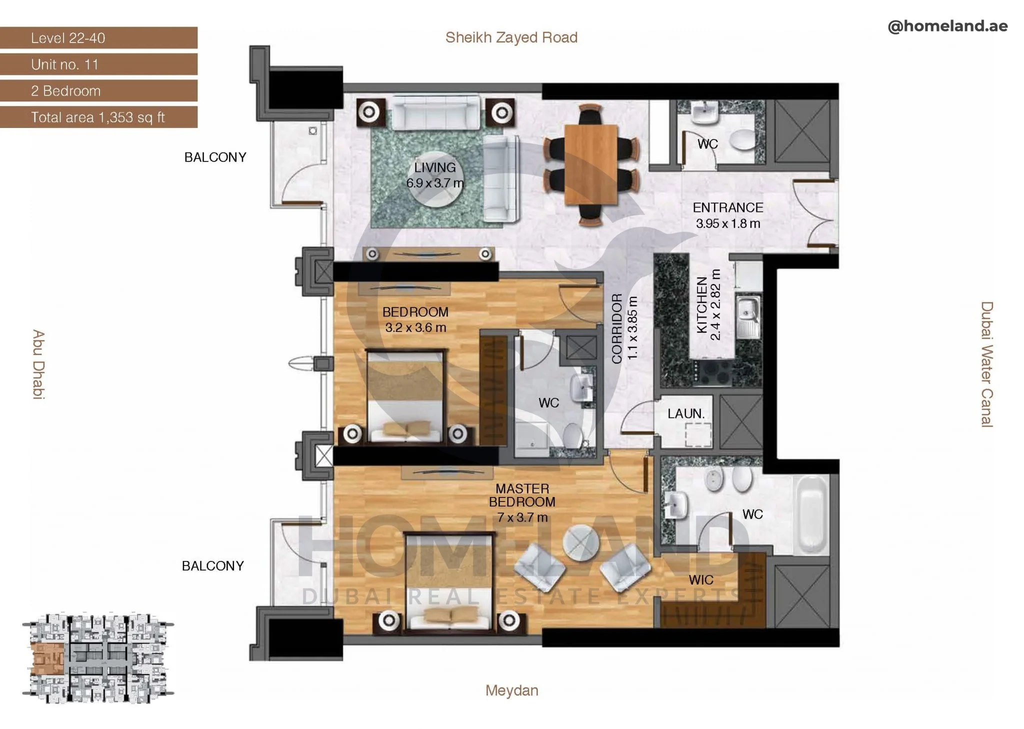 Amna Tower, 2BR, Level 22-40, Unit 11, 1353 SQFT