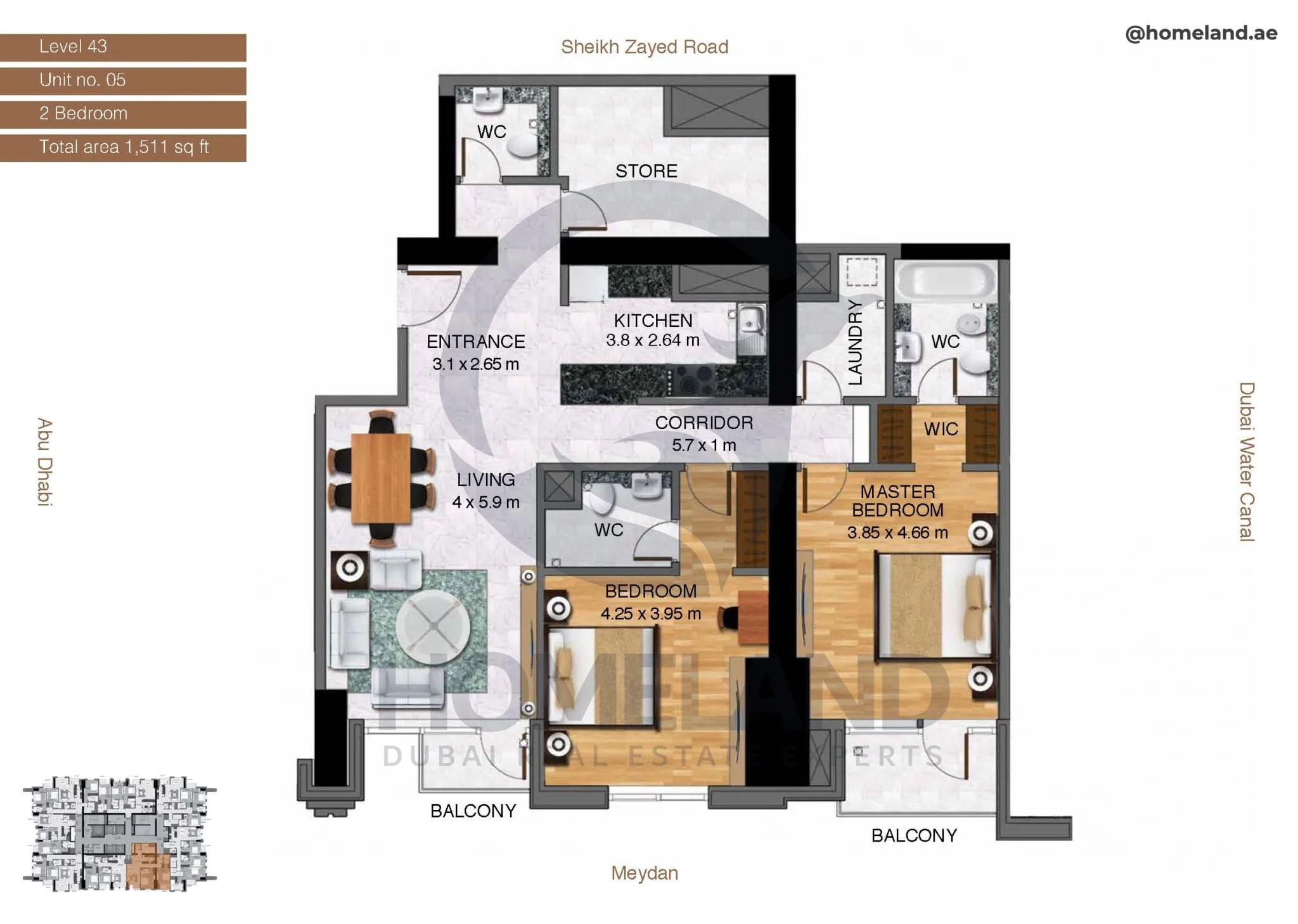 Amna Tower, 2BR, Level 43, Unit 05, 1511 SQFT