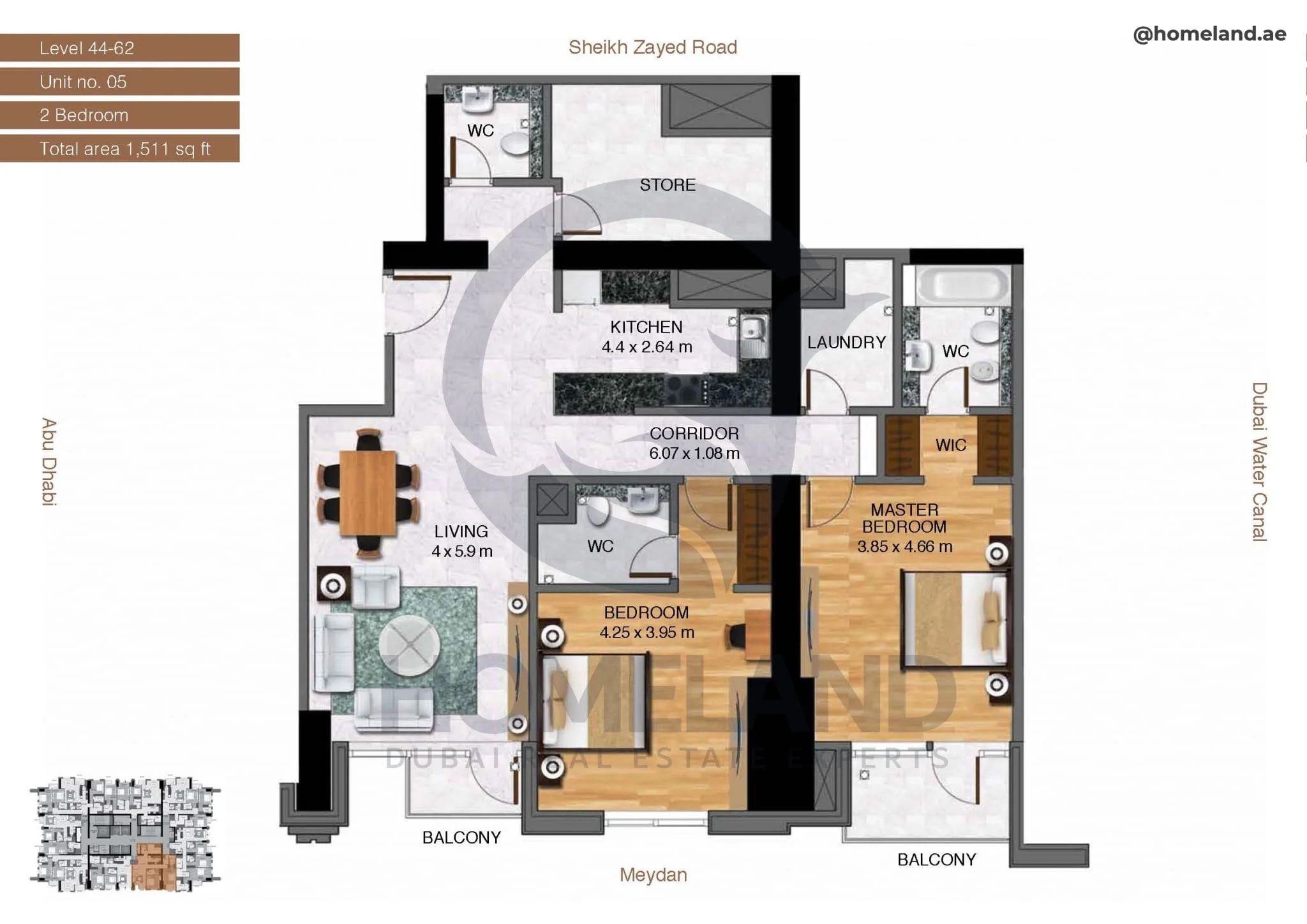 Amna Tower, 2BR, Level 44-62, Unit 05, 1511 SQFT
