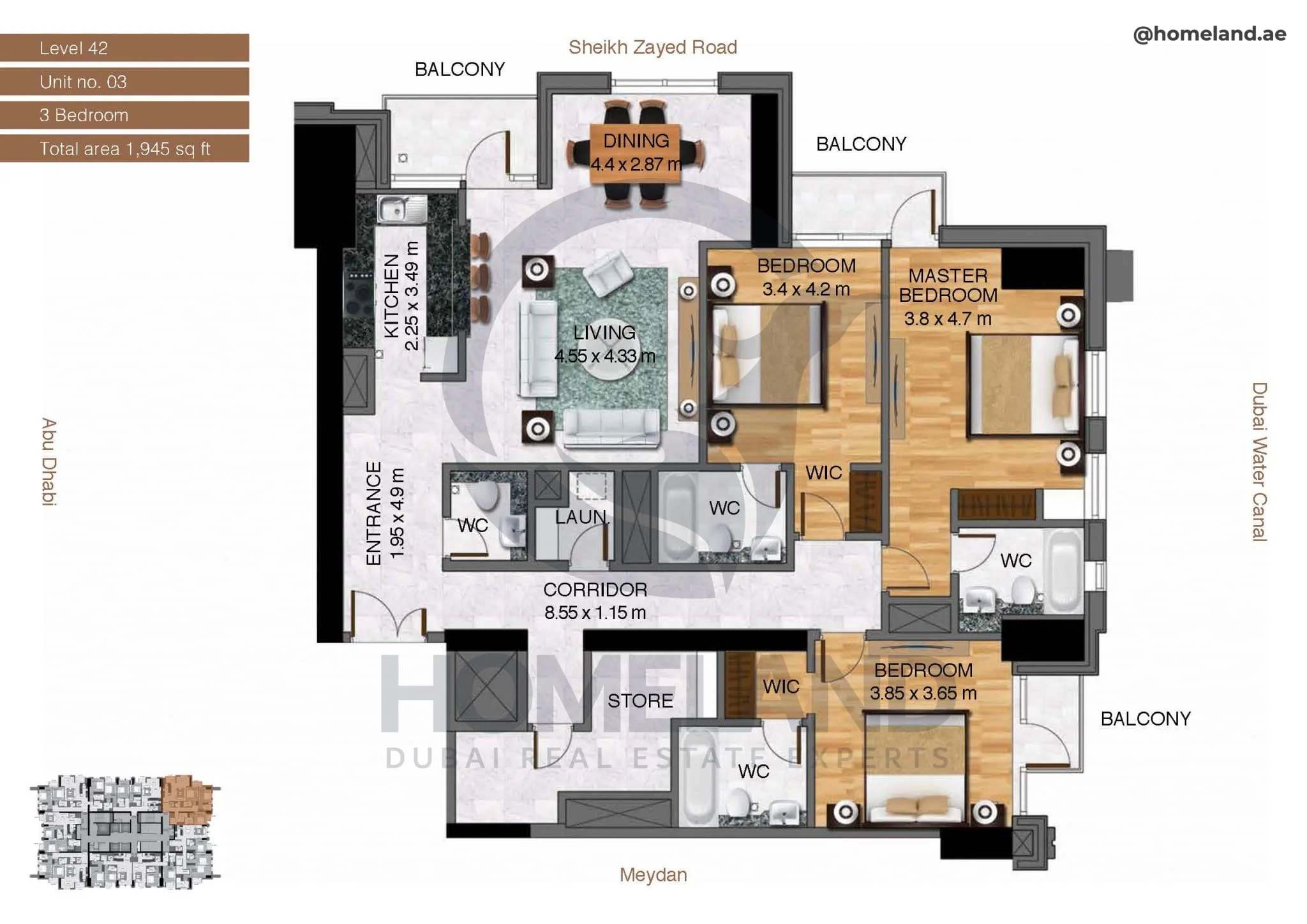 Amna Tower, 3BR, Level 42, Unit 03, 1945 SQFT