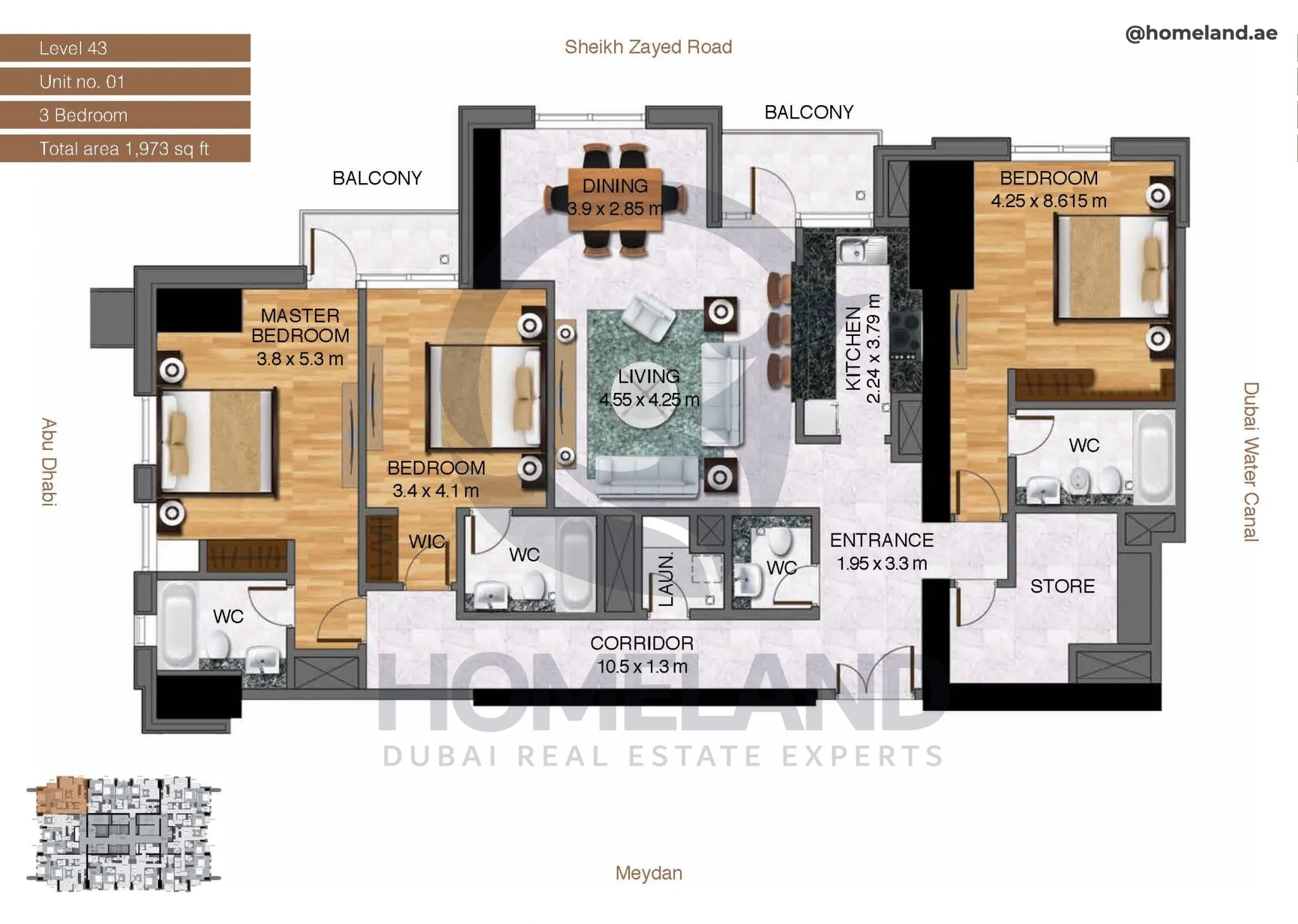 Amna Tower, 3BR, Level 43, Unit 01, 1973 SQFT