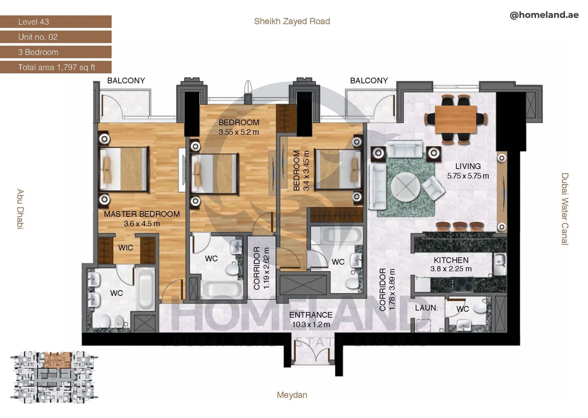 Amna Tower, 3BR, Level 43, Unit 02, 1797 SQFT