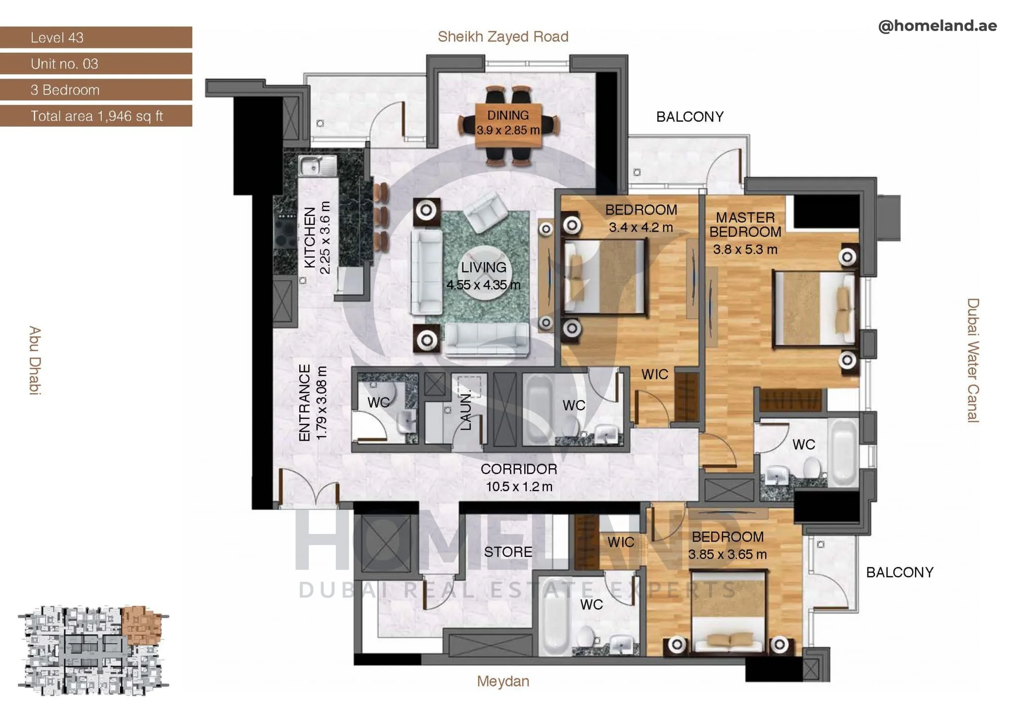 Amna Tower, 3BR, Level 43, Unit 03, 1946 SQFT