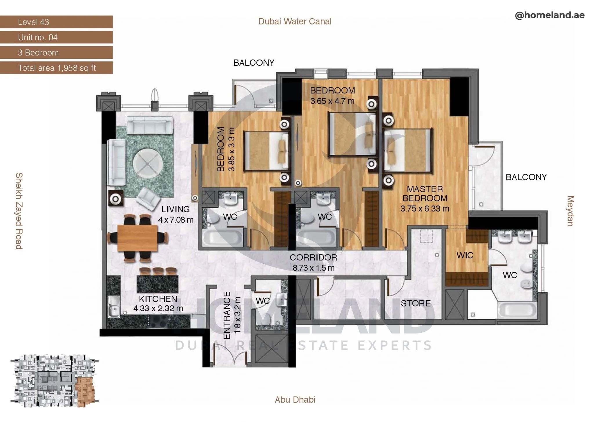 Amna Tower, 3BR, Level 43, Unit 04, 1958 SQFT