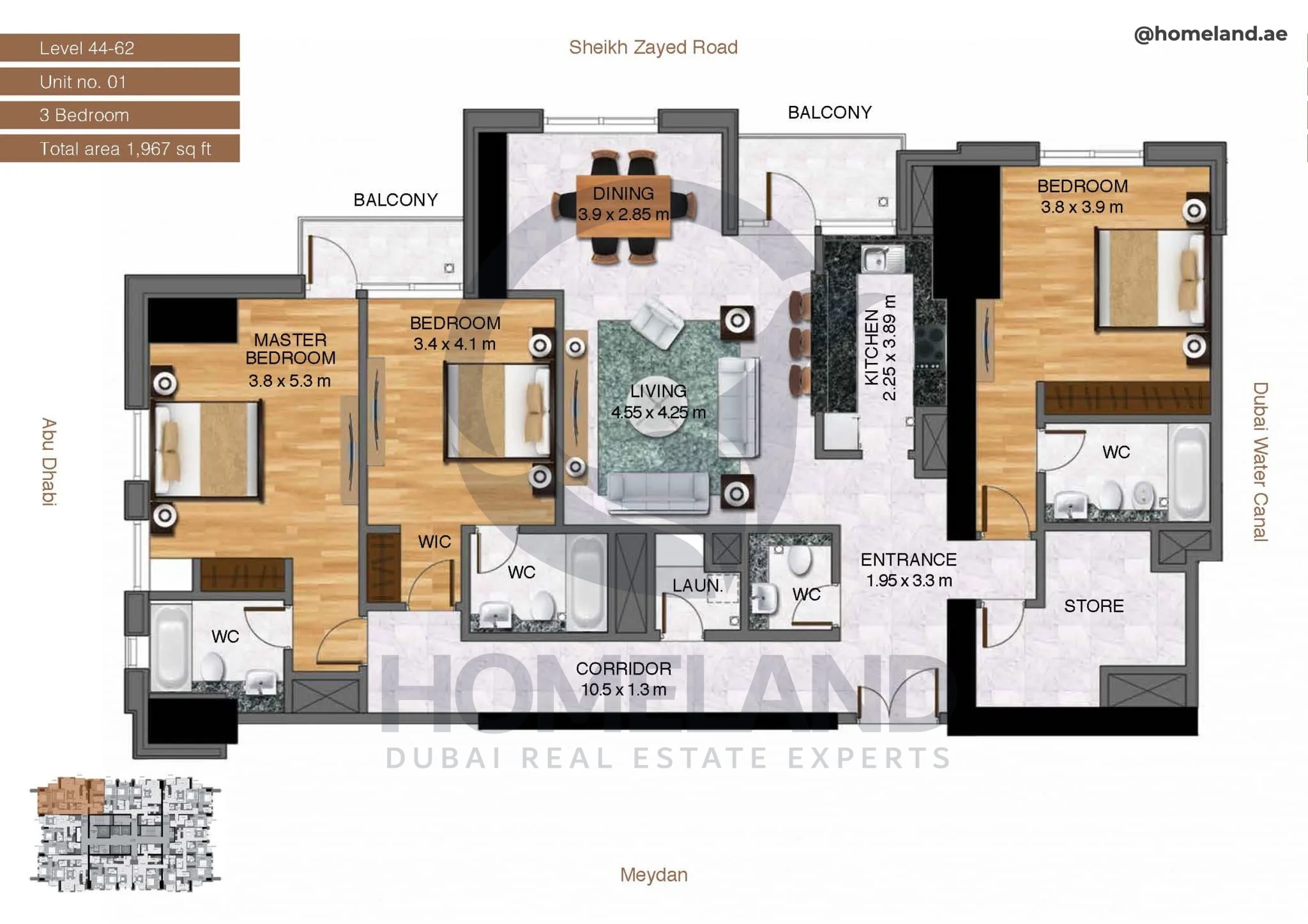 Amna Tower, 3BR, Level 44-62, Unit 01, 1967 SQFT