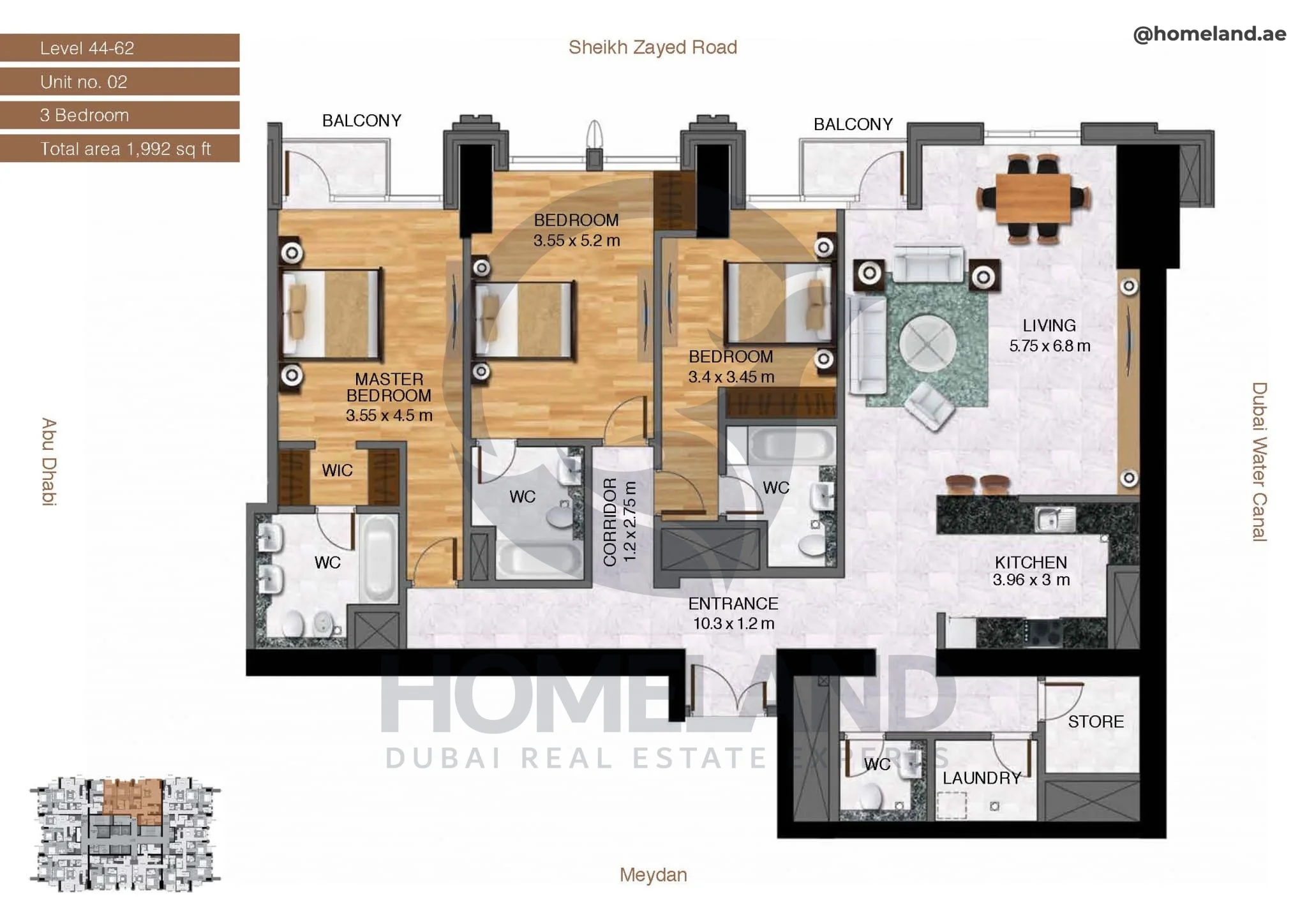 Amna Tower, 3BR, Level 44-62, Unit 02, 1992 SQFT