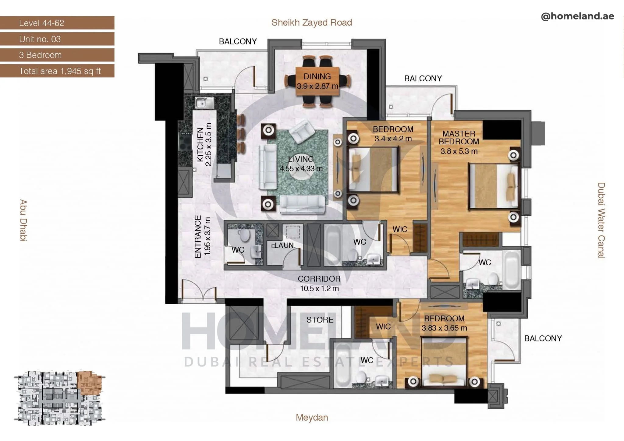 Amna Tower, 3BR, Level 44-62, Unit 03, 1945 SQFT