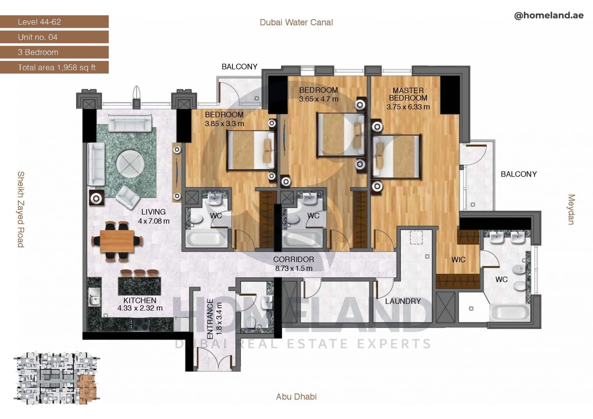 Amna Tower, 3BR, Level 44-62, Unit 04, 1958 SQFT