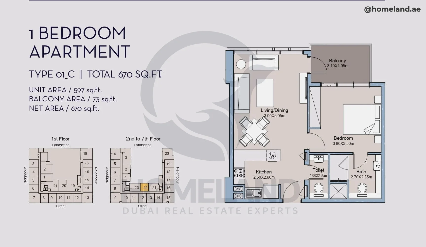 Millennium Talia Residences, 1BR, Type 01-C, Level 2 to 7, Unit 22, 670 SQFT