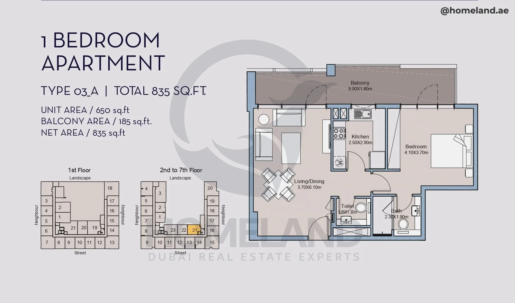 Millennium Talia Residences, 1BR, Type 03-A, Level 2 to 7, Unit 21, 835 SQFT