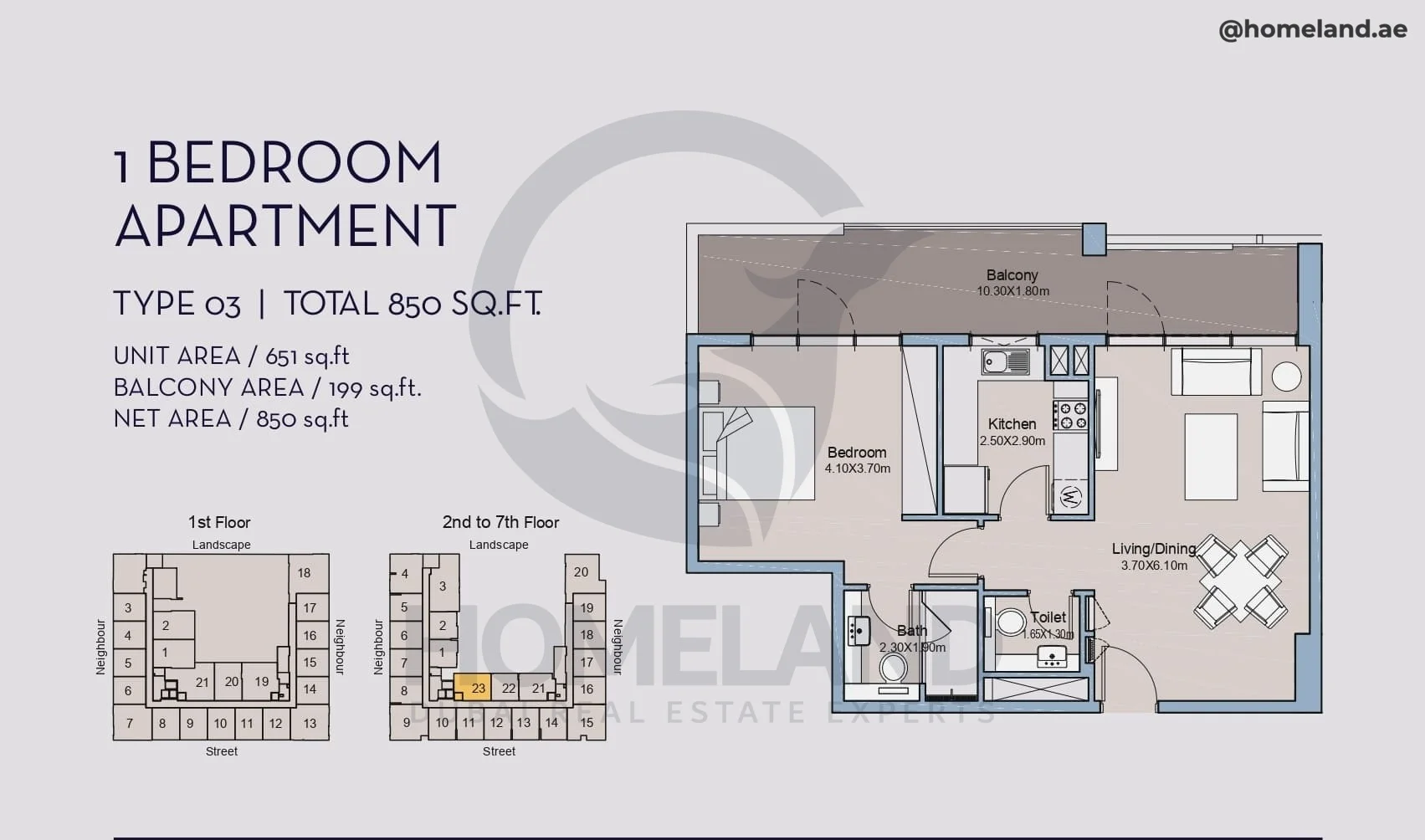 Millennium Talia Residences, 1BR, Type 03, Level 2 to 7, Unit 23, 850 SQFT