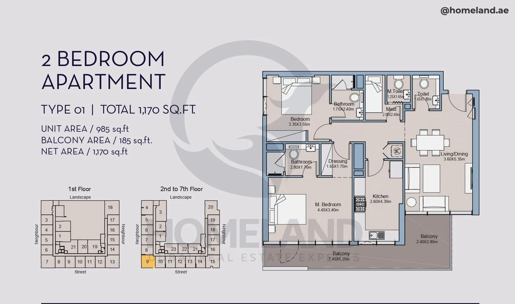 Millennium Talia Residences, 2BR, Type 01, Level 2 to 7, Unit 9, 1170 SQFT