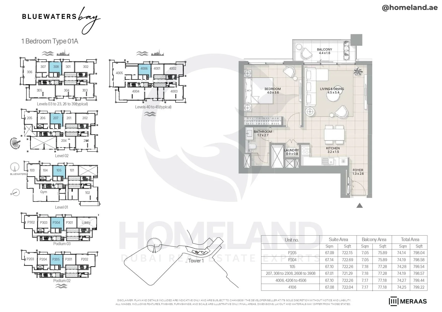 Bluewaters Bay, Tower 1, 1BR, Type 01A, Level 1 - 2 - 3 to 23 (typical) - 26 to 39 (typical) - 40 to 45 (typical) - Podium 2-3, Unit P205-P304-105-207-308 to 2308-2608 to 3908-4006-4206 to 4506-4106, 799 SQFT