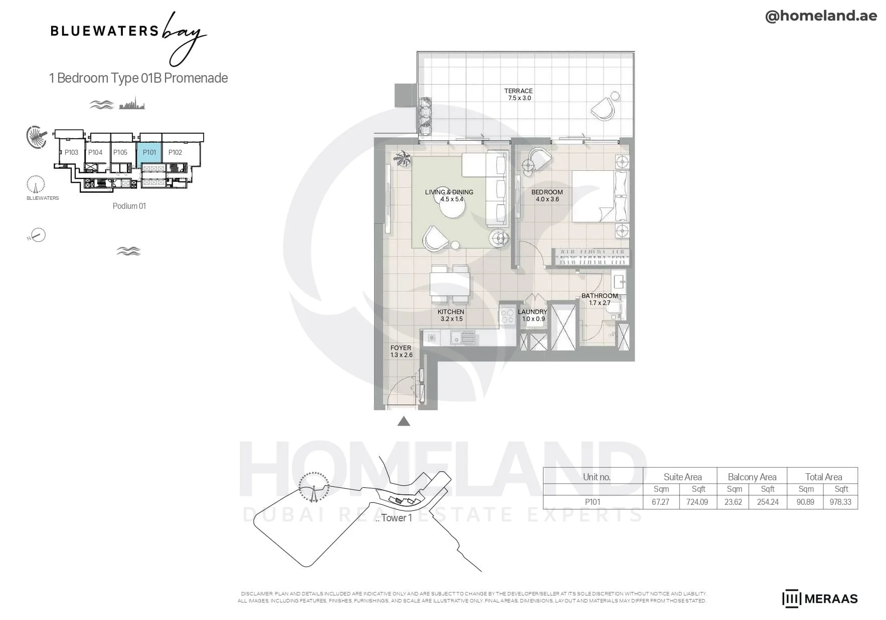Bluewaters Bay, Tower 1, 1BR, Type 01B Promenade, Level Podium 1, Unit P101, 978 SQFT