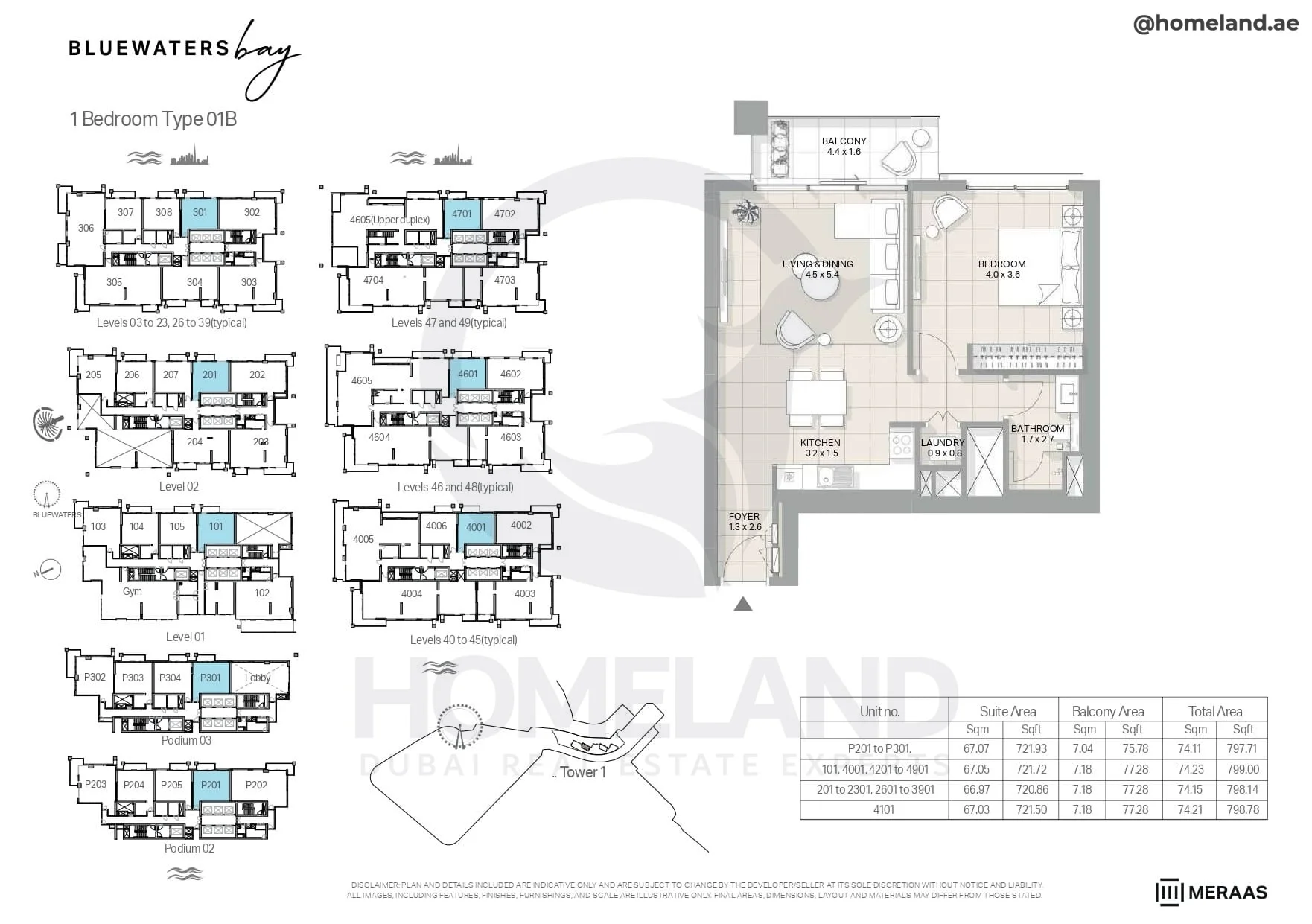 Bluewaters Bay, Tower 1, 1BR, Type 01B, Level 1 - 2 - 3 to 23 (typical) - 26 to 39 (typical) - 40 to 45 (typical) - 46 to 48 (typical) - 47 to 49 (typical) - Podium 2-3, Unit P201 to P301-101-4001-4201 to 4901-201 to 2301-2601 to 3901-4101
