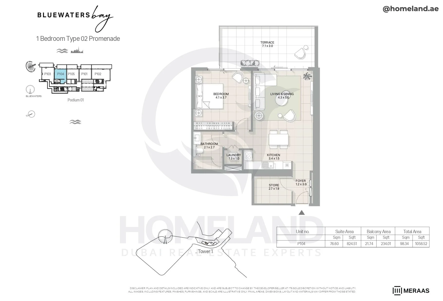 Bluewaters Bay, Tower 1, 1BR, Type 02 Promenade, Level Podium 1, Unit P104, 1058 SQFT