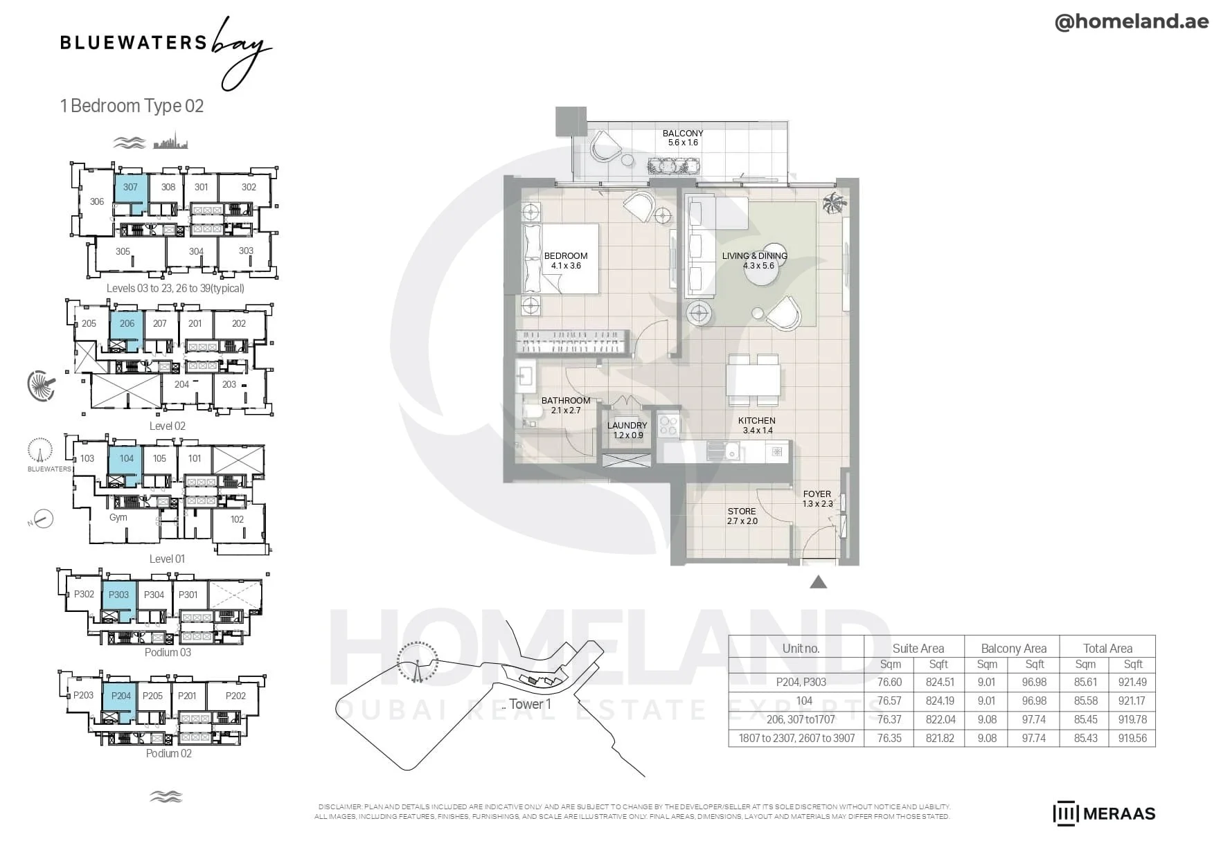Bluewaters Bay, Tower 1, 1BR, Type 02, Level 1 - 2 - 3 to 23 (typical) - 26 to 39 (typical) - Podium 2-3, Unit P204-P303-104-206-307 to 1707-1807 to 2307-2607 to 3907, 921 SQFT
