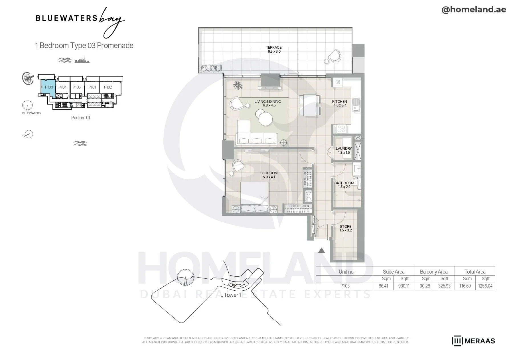 Bluewaters Bay, Tower 1, 1BR, Type 03 Promenade, Level Podium 1, Unit P103, 1256 SQFT