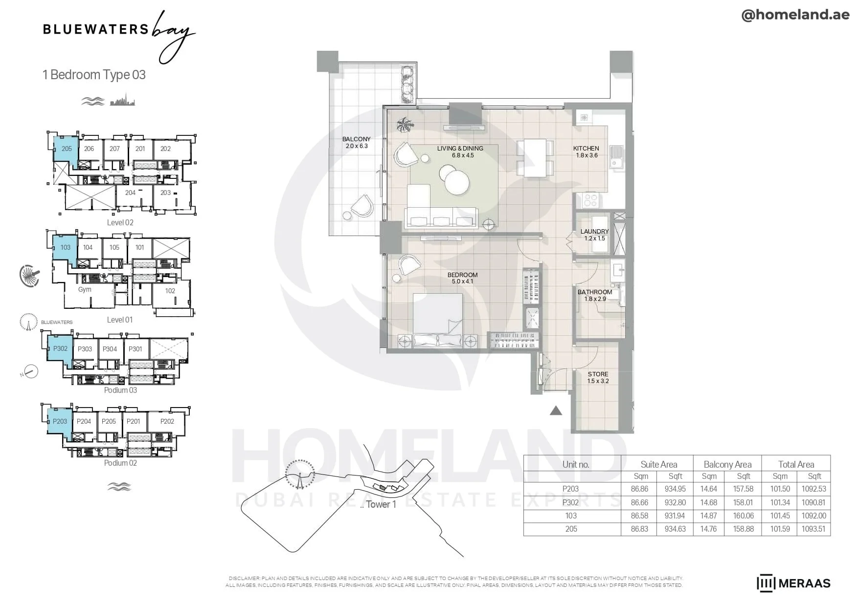 Bluewaters Bay, Tower 1, 1BR, Type 03, Level 1 - 2 - Podium 2-3, Unit P203-P302-103-205, 1093 SQFT
