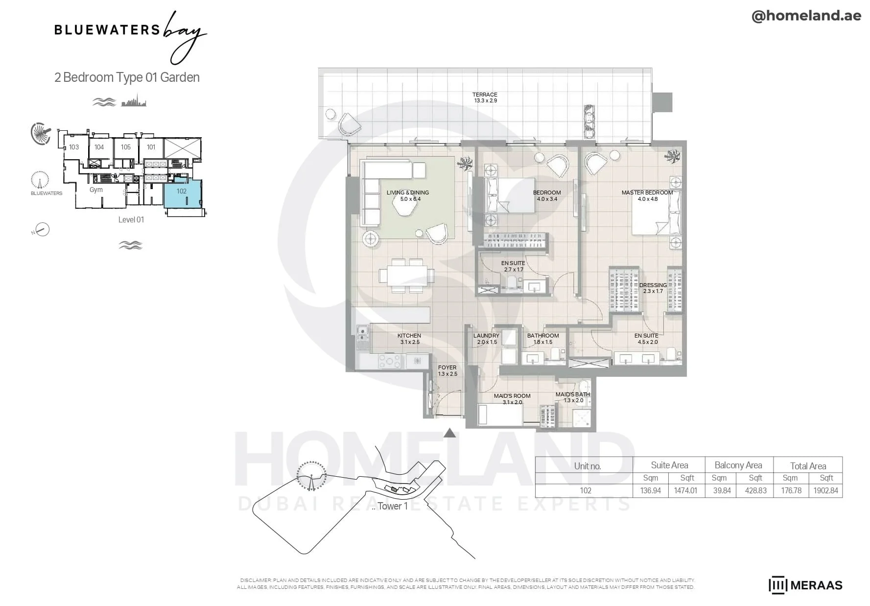 Bluewaters Bay, Tower 1, 2BR, Type 01 Garden, Level 1, Unit 102, 1902 SQFT