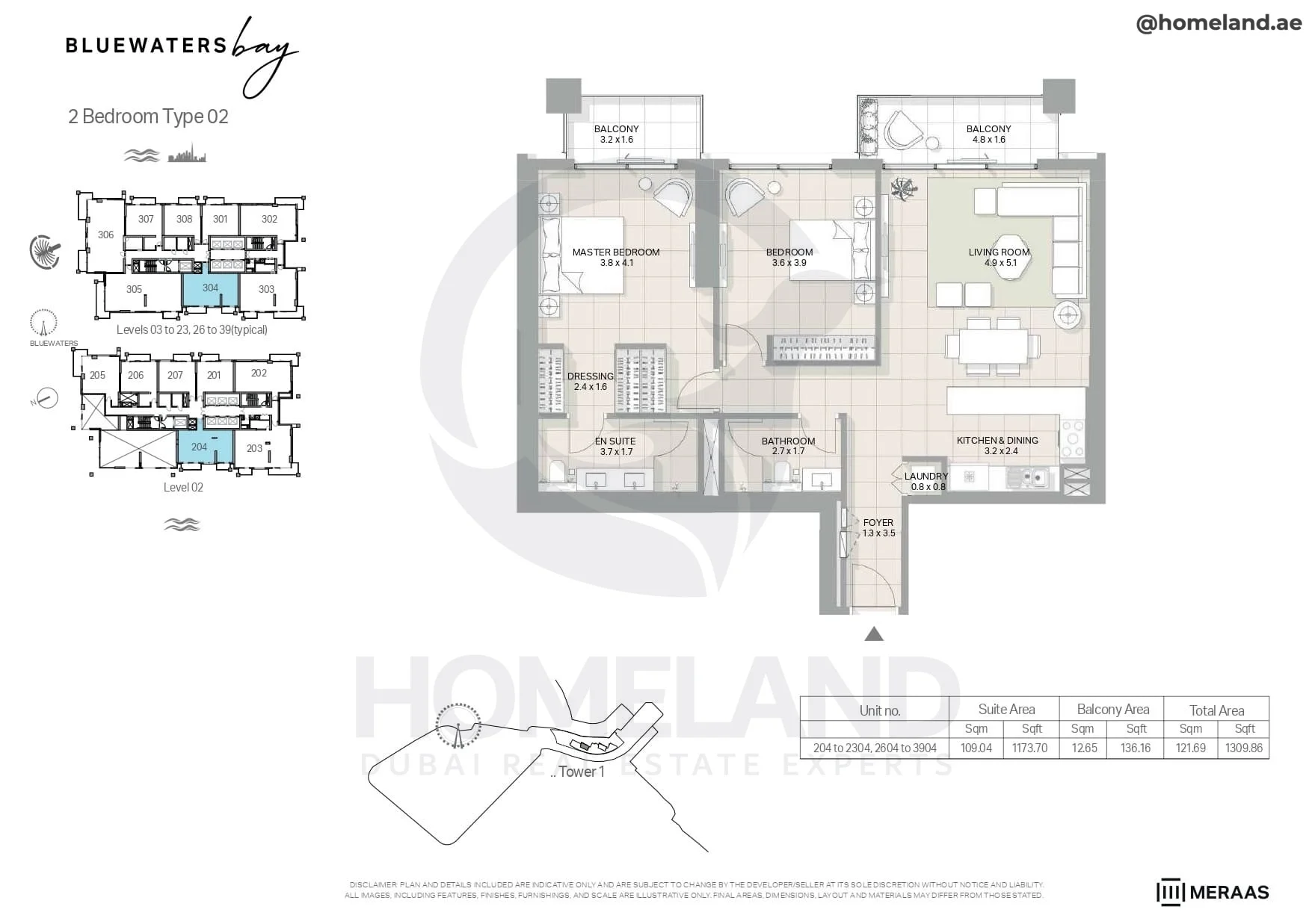 Bluewaters Bay, Tower 1, 2BR, Type 02, Level 2 - 3 to 23 (typical) - 26 to 39 (typical), Unit 204 to 2304-2604 to 3904, 1309 SQFT