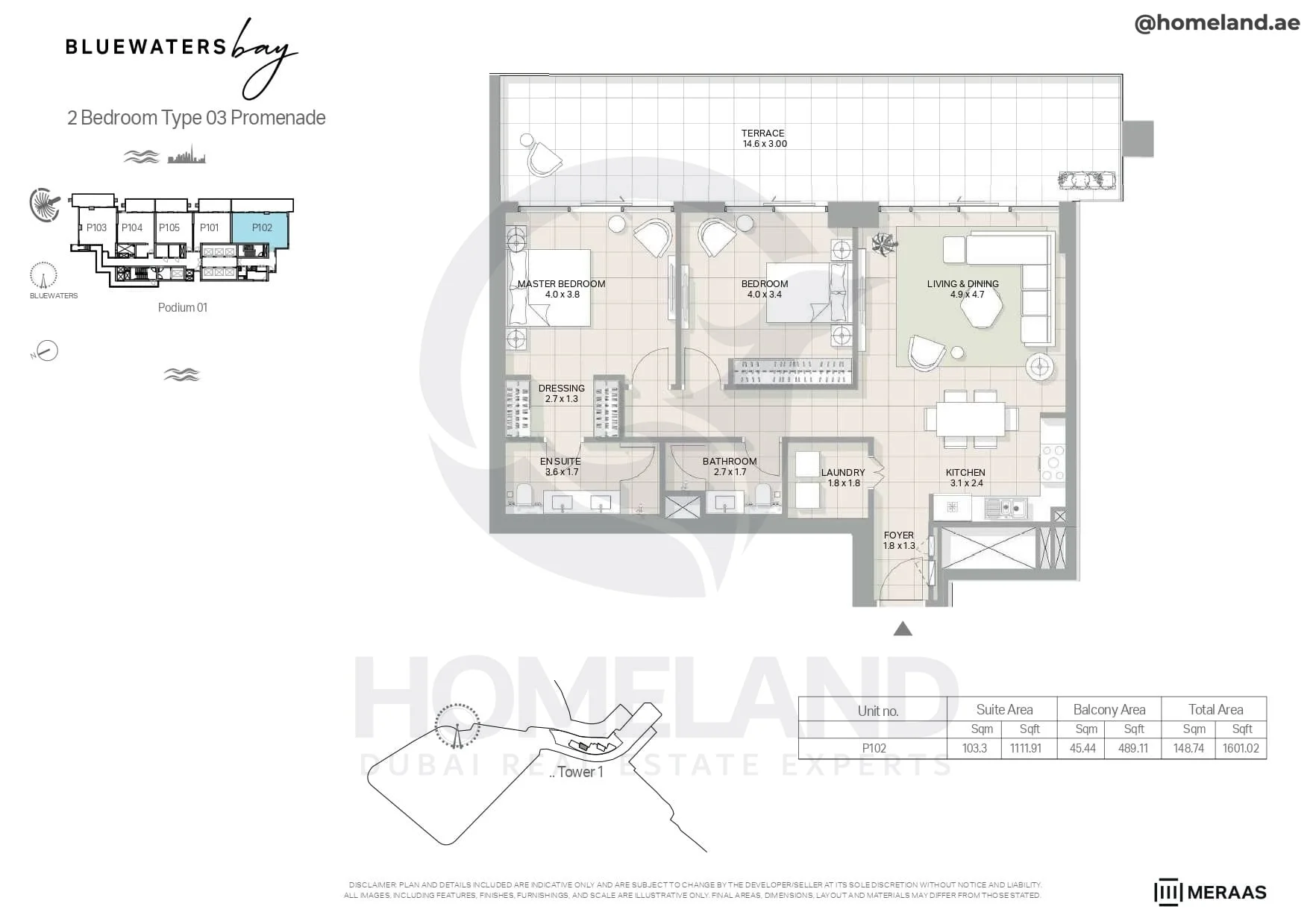 Bluewaters Bay, Tower 1, 2BR, Type 03 Promenade, Level Podium 1, Unit P102, 1601 SQFT