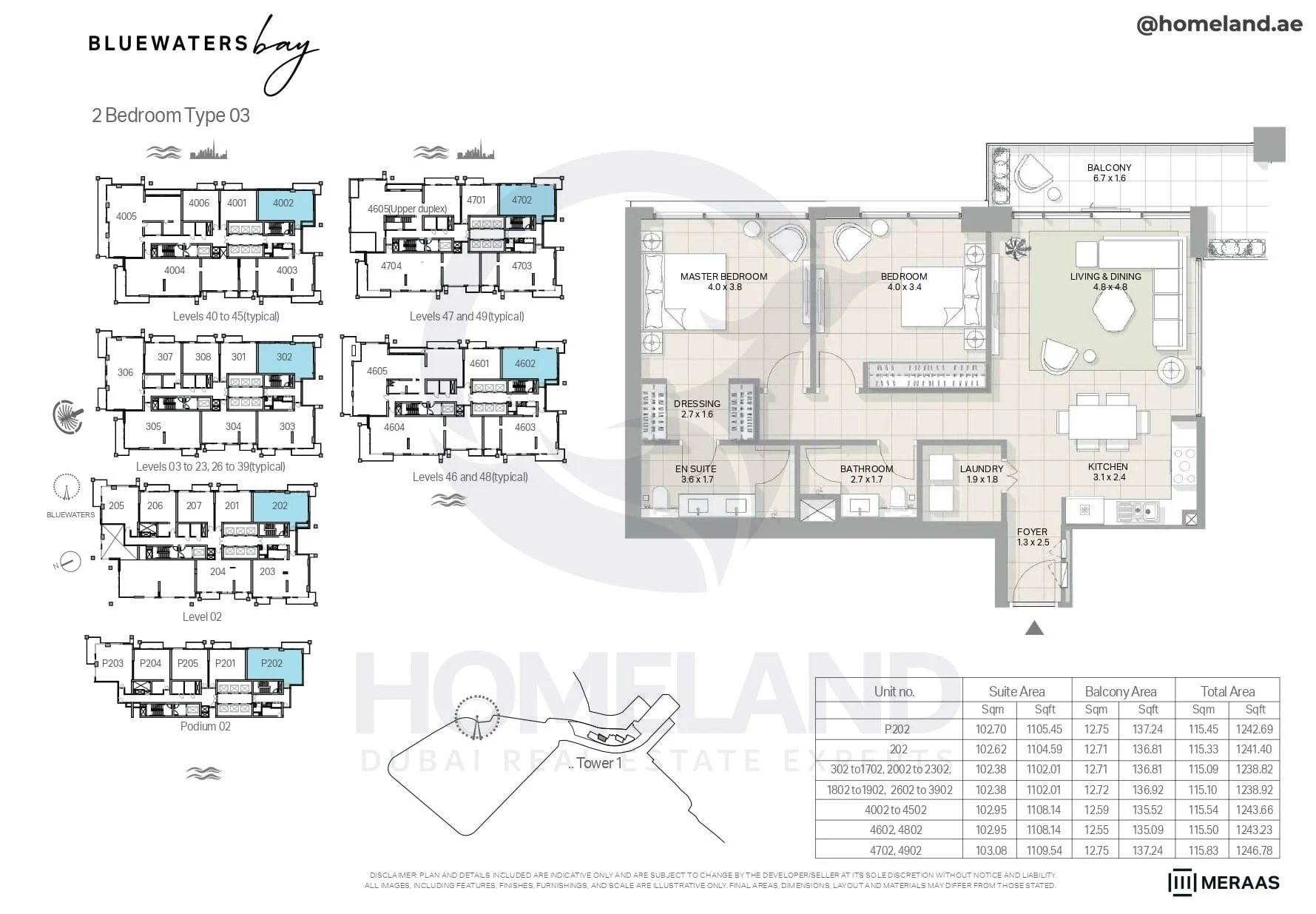 Bluewaters Bay, Tower 1, 2BR, Type 03, Level 2-3to23(typical)-26to39(typical)-40to45(typical)-46to48(typical)-47to49(typical)-Podium 2, Unit P202-202-302to1702-2002to2302-1802to1902-2602to3902-4002to4502-4602-4802-4702-4902, 1246 SQFT