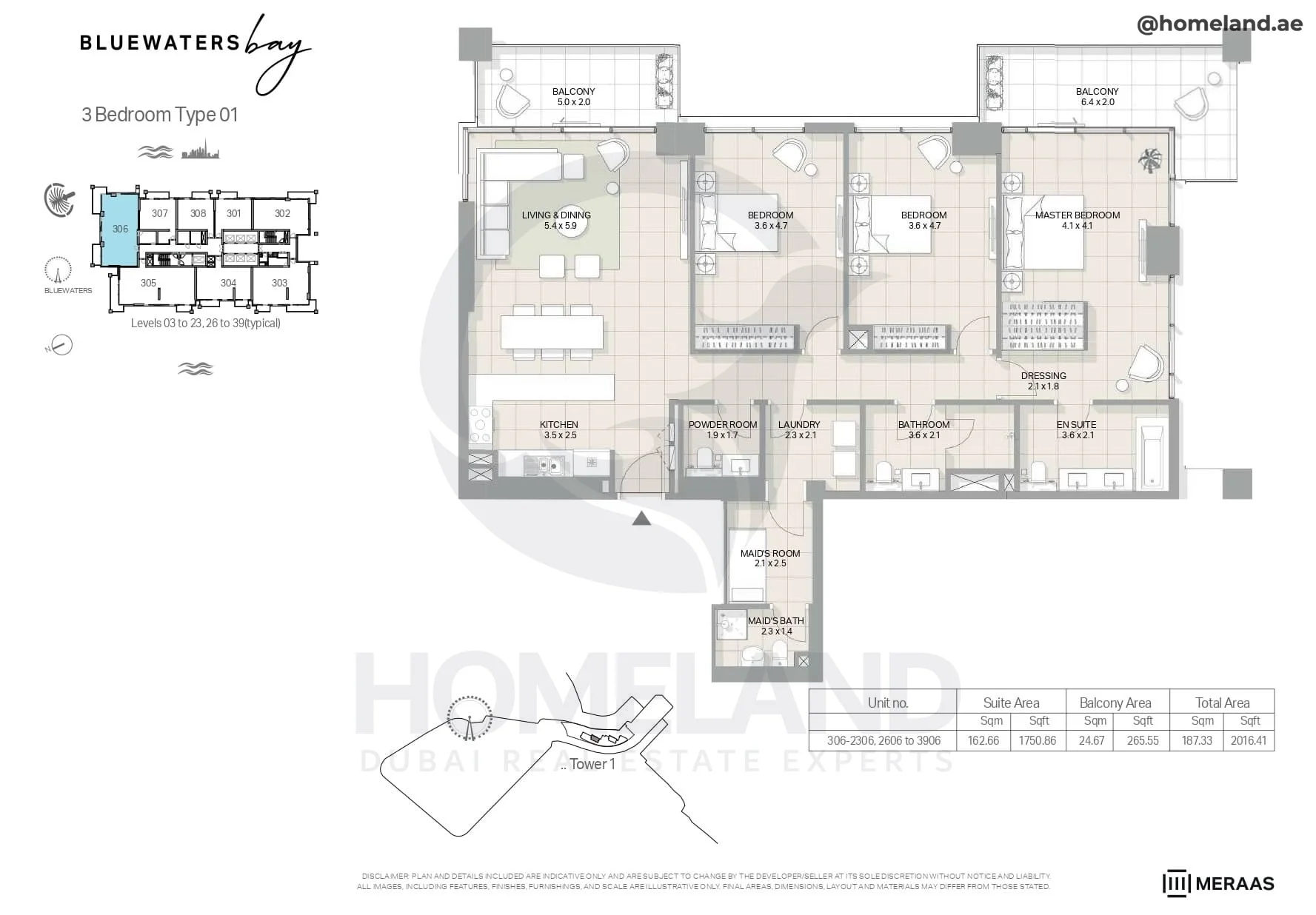 Bluewaters Bay, Tower 1, 3BR, Type 01, Level 3 to 23 (typical) - 26 to 39 (typical), Unit 306-2306-2606 to 3906 to 3905, 2016 SQFT