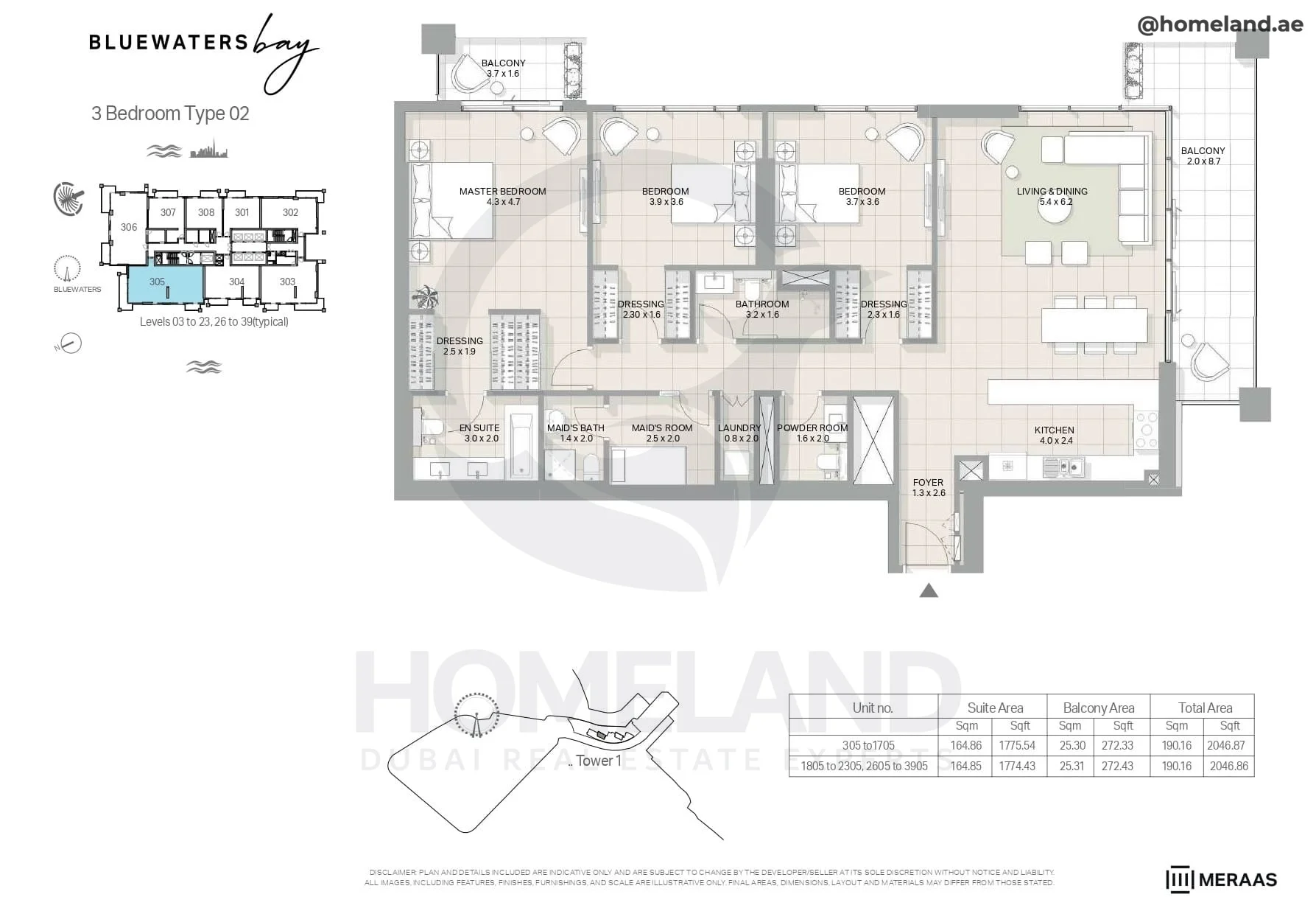 Bluewaters Bay, Tower 1, 3BR, Type 02, Level 3 to 23 (typical) - 26 to 39 (typical), Unit 305 to 1705-1805 to 2305-2605 to 3905, 2046 SQFT