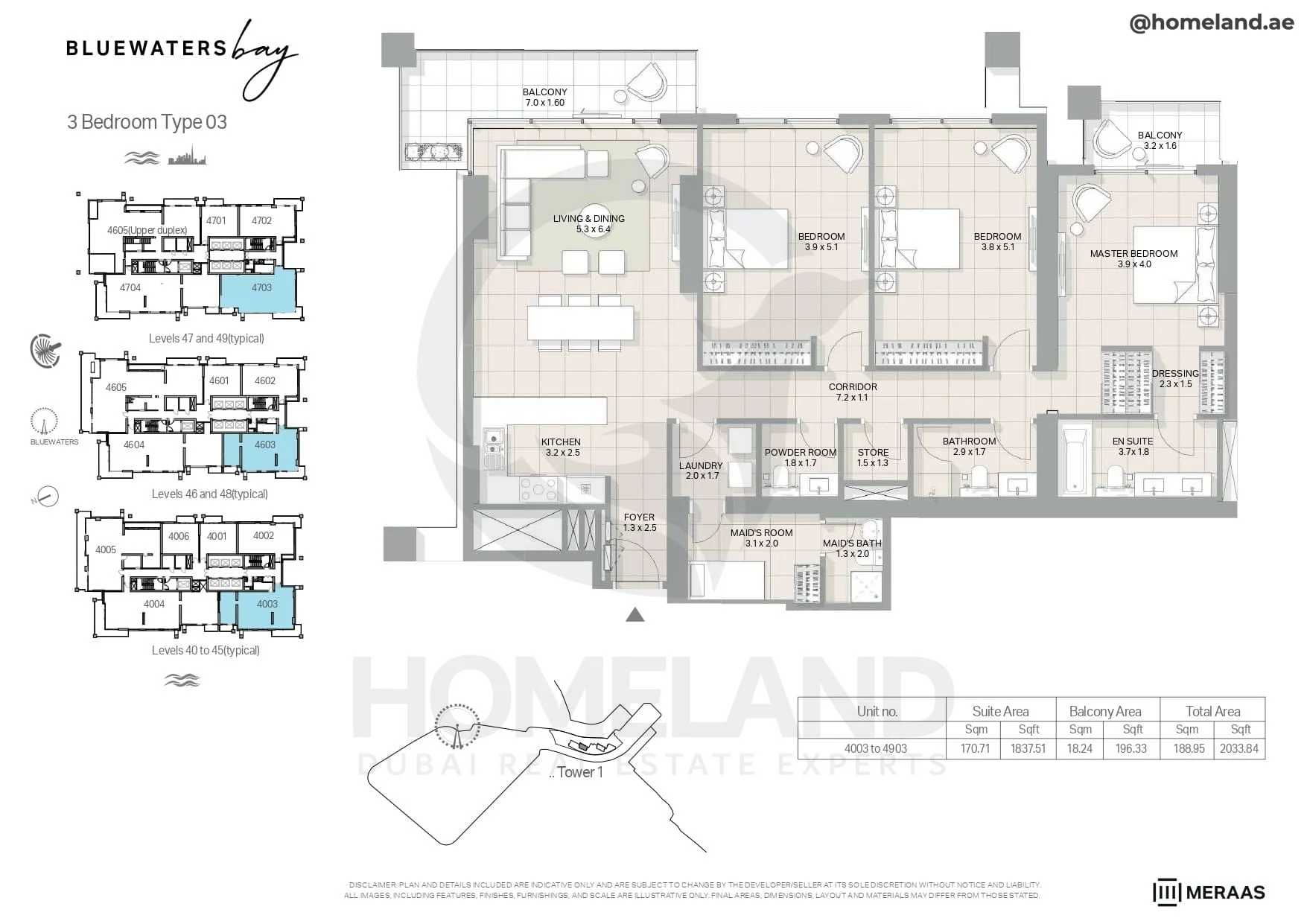Bluewaters Bay, Tower 1, 3BR, Type 03, Level 40 to 45 (typical) - 46 to 48 (typical) - 47 to 49 (typical), Unit 4003 to 4903, 2033 SQFT