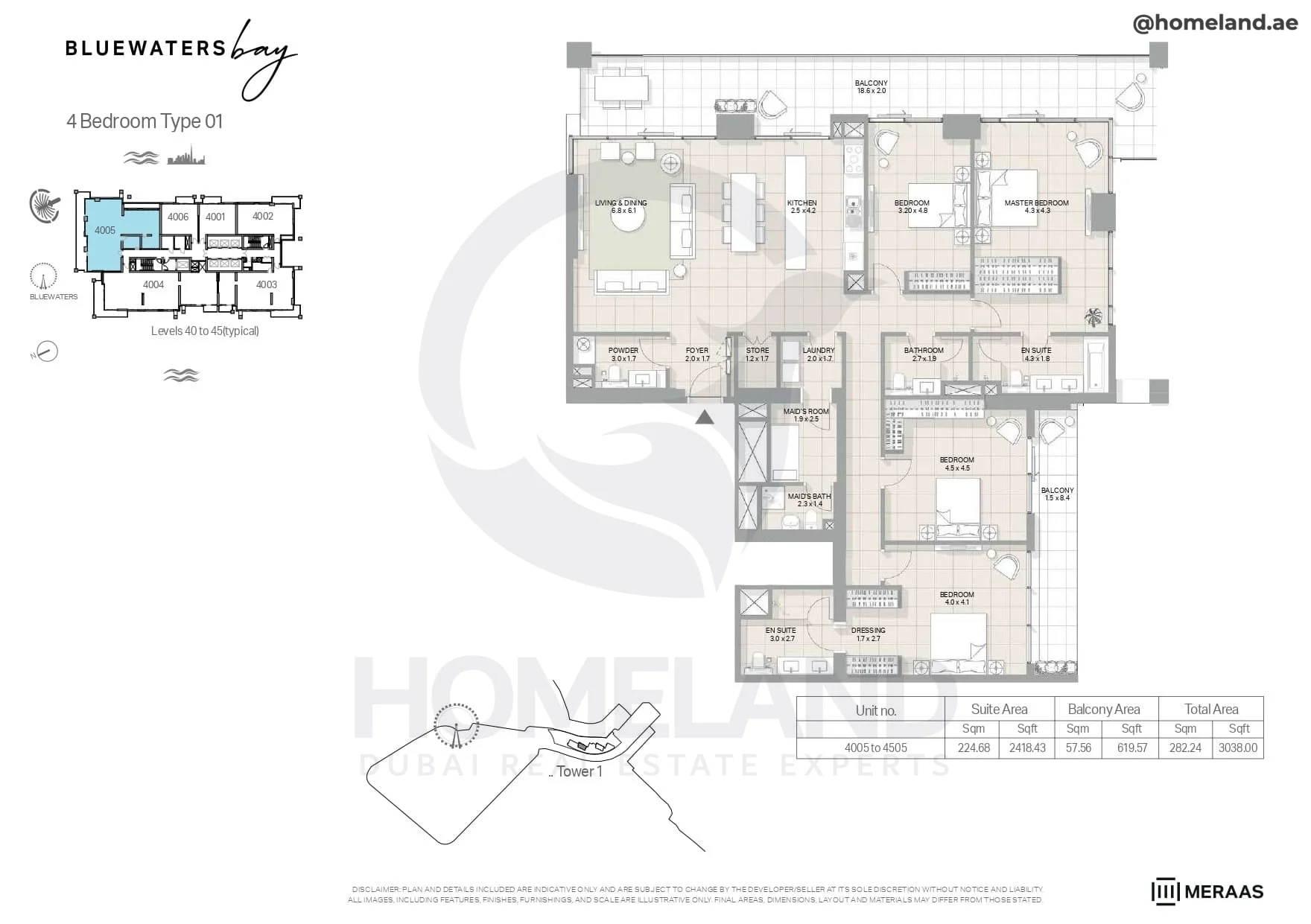 Bluewaters Bay, Tower 1, 4BR, Type 01, Level 40 to 45 (typical), Unit 4005 to 4505, 3038 SQFT