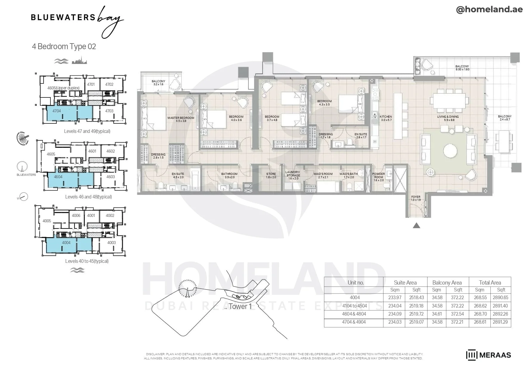 Bluewaters Bay, Tower 1, 4BR, Type 02, Level 40 to 45 (typical) - 46 to 48 (typical) - 47 to 49 (typical), Unit 4004-4104 to 4504-4604-4804-4704-4904, 2892 SQFT