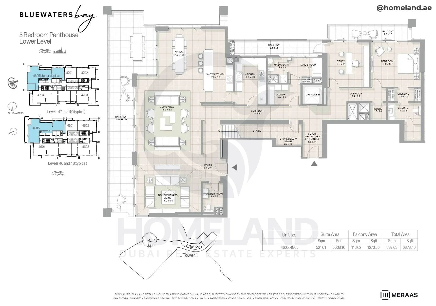 Bluewaters Bay, Tower 1, Penthouse Lower Level, 5BR, Level 46 to 48 (typical) - 47 to 49 (typical), Unit 4605-4805, 6878 SQFT