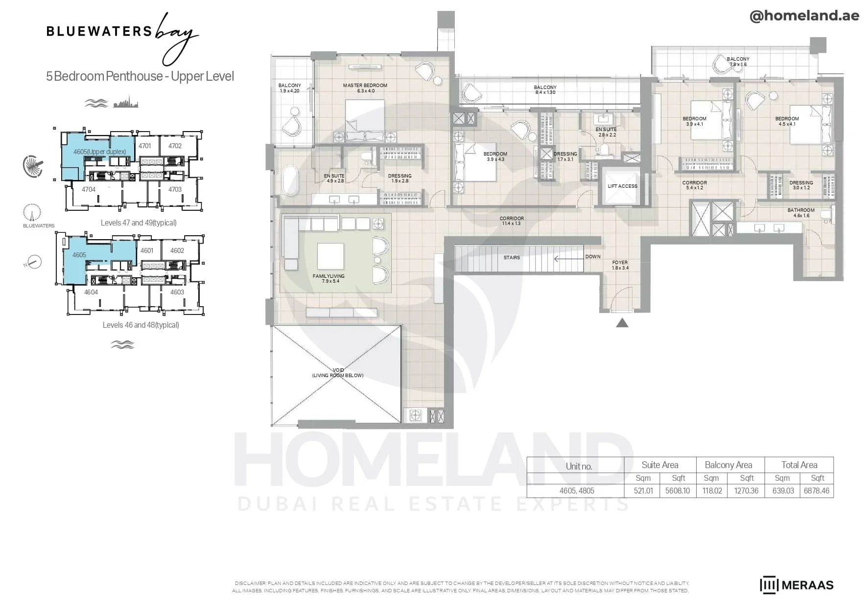 Bluewaters Bay, Tower 1, Penthouse Upper Level, 5BR, Level 46 to 48 (typical) - 47 to 49 (typical), Unit 4605-4805, 6878 SQFT