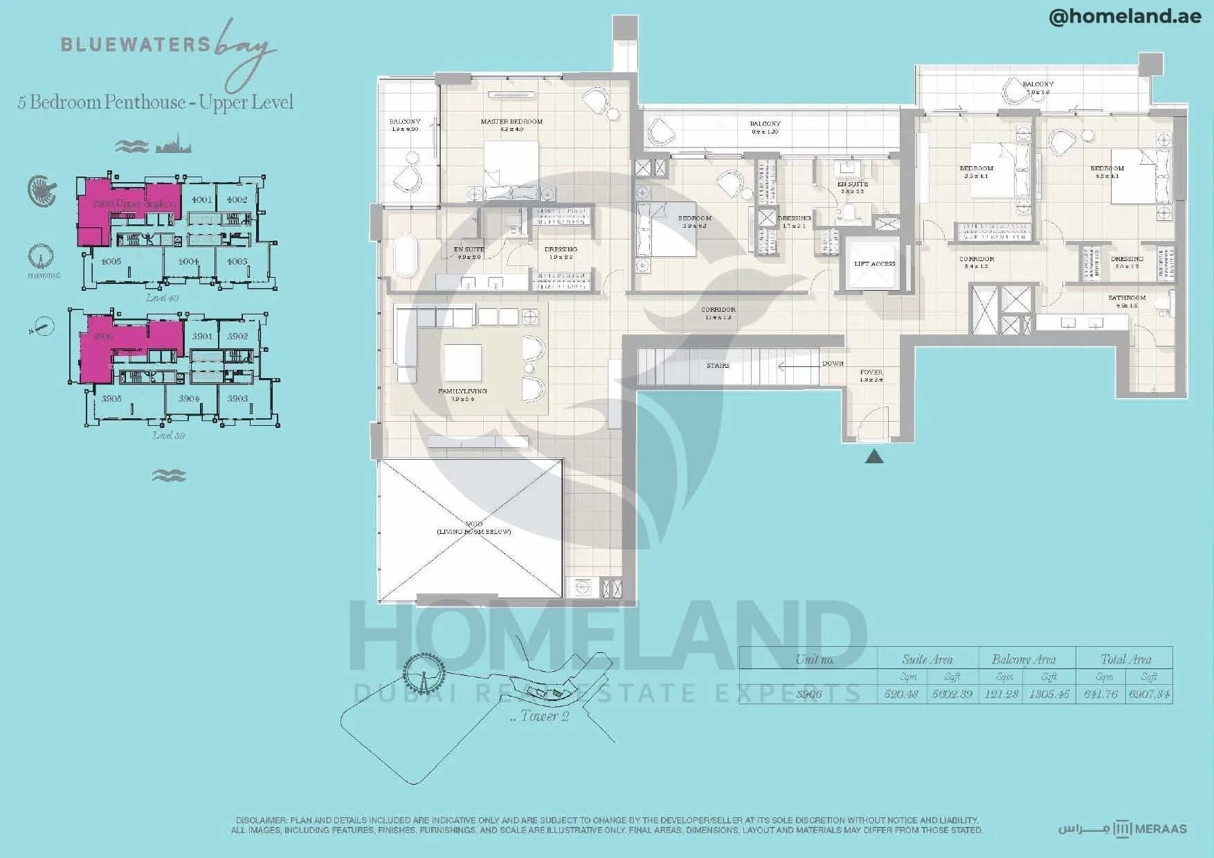 Bluewaters Bay, Penthouse Upper Level, Tower 2, 5BR, Level 39-40, Unit 3906, 6907 SQFT