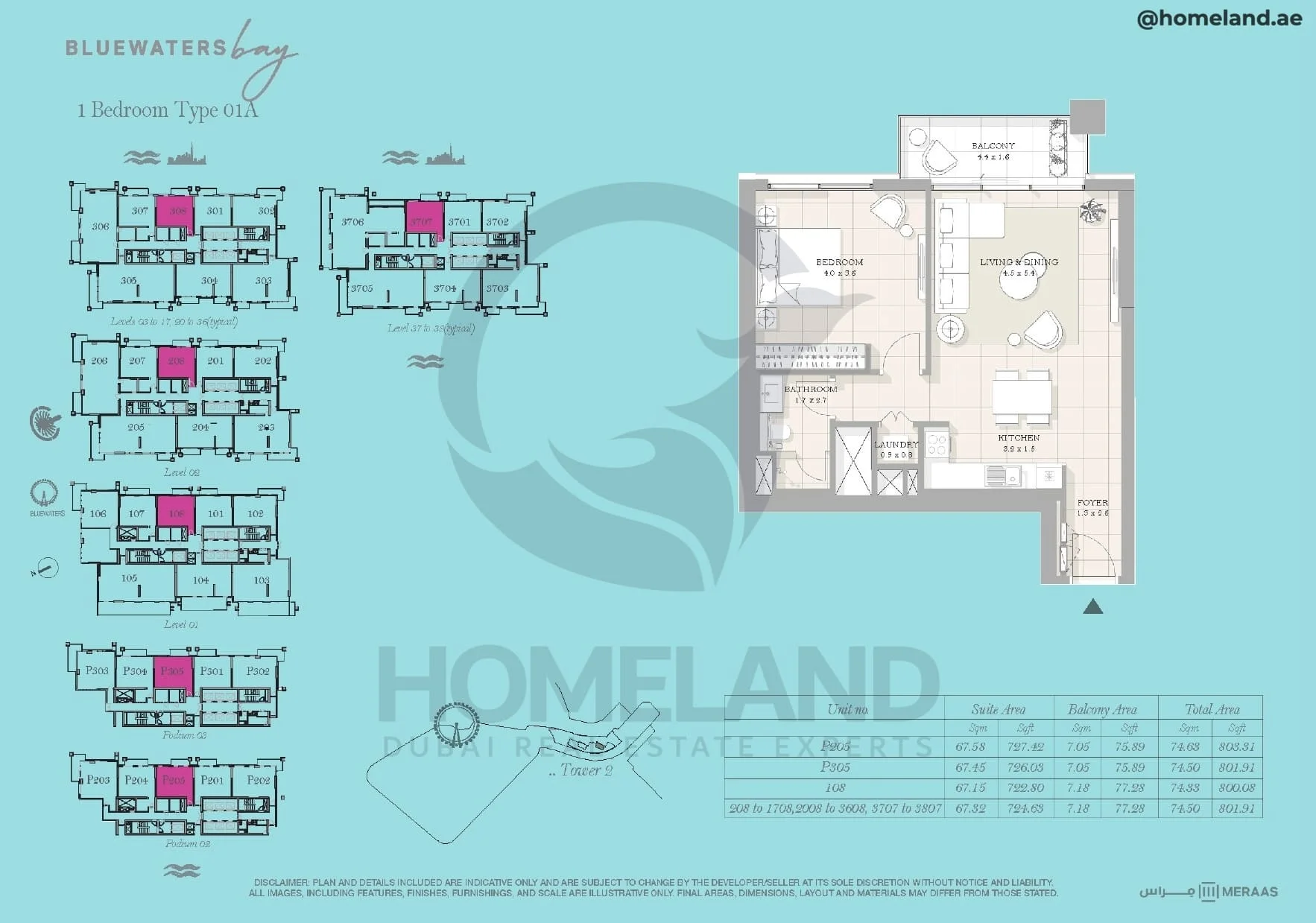 Bluewaters Bay, Tower 2, 1BR, Type 01A, Level 1 - 2 - 3 to 17 (typical) - 20 to 36 (typical) - 37 to 38 (typical) - Podium 2-3, Unit P205-P305-108- 208 to 1708-2008 to 3608-3707 to 3807, 803 SQFT